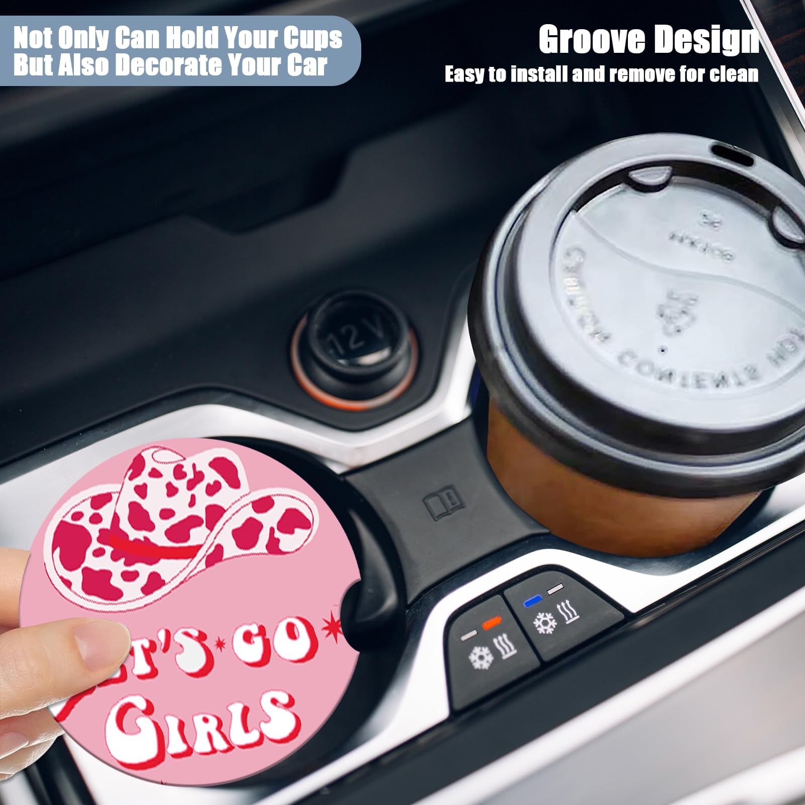 Car Cup Holder Coaster - Cow Hat Let's go Girl Women Absorbent Ceramic Coaster, Car Coasters for Cup Holders, Auto Accessories f