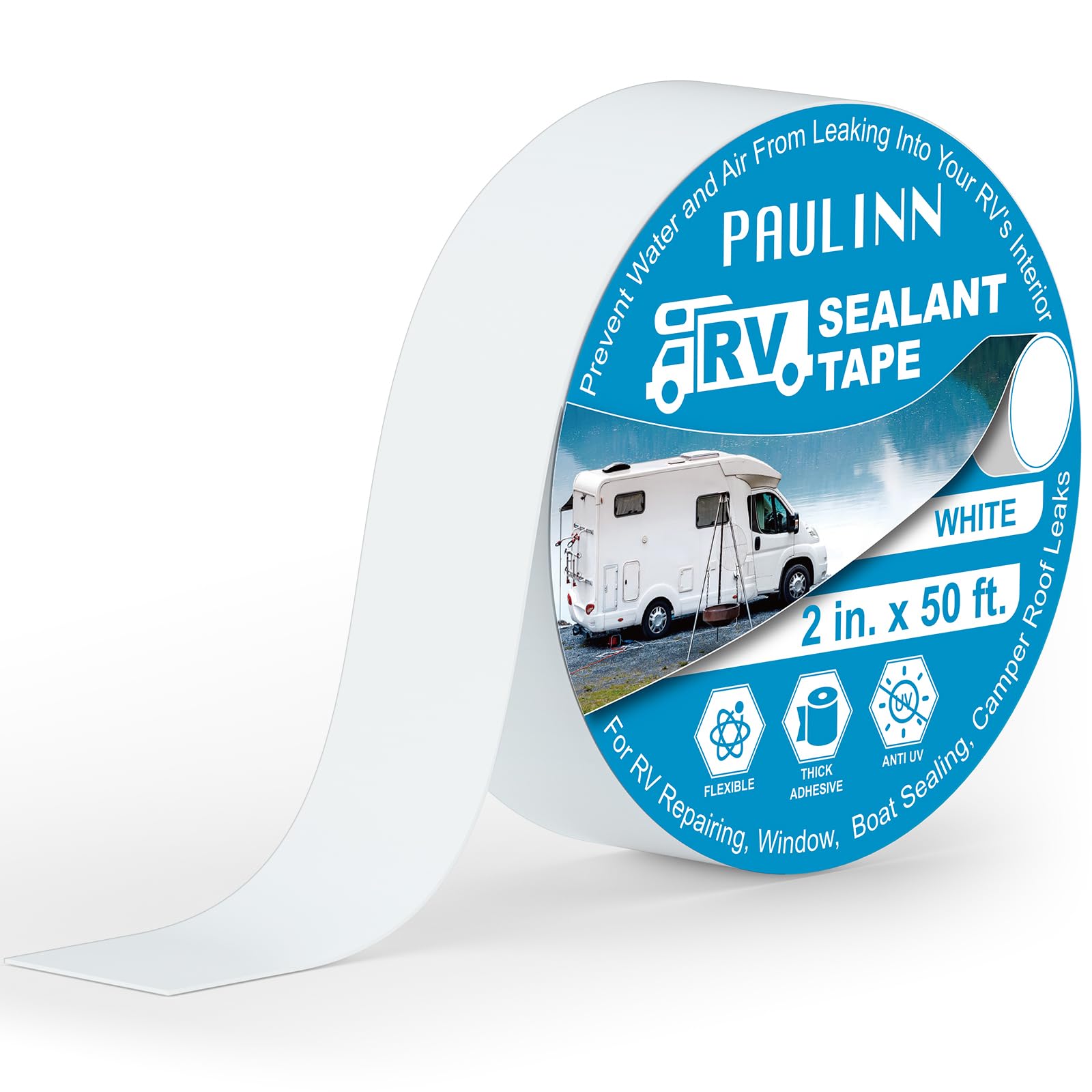 Paulinn Rv Camper Roofing Repair Sealant Tape, 2 Inch X 50 Foot Natural White Trailer Roof Rubber Sealing Tape, Uv & Weatherproo