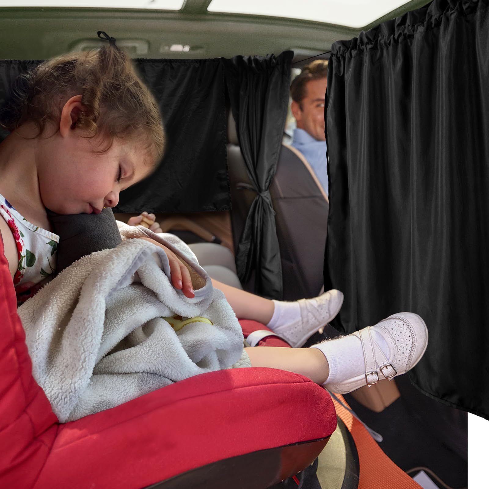 Set Of 3 Car Window Shades - 95% Light Blocking Sunshades, 1 Privacy Divider Curtains & 2 Side Window Covers, Wide Sedan Suv Acc