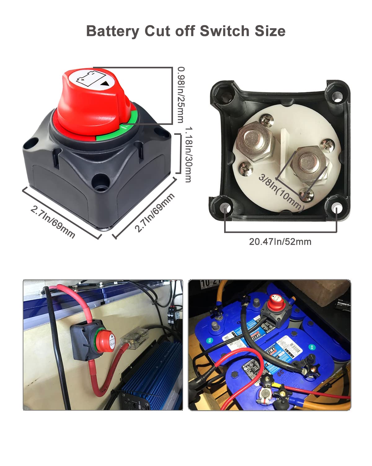 Gioyonil Battery Disconnect Switch Isolator, 12V-48V On-Off Power Cut Master Shut-Off Switch With 2 Awg X 3/8    Ring Terminals