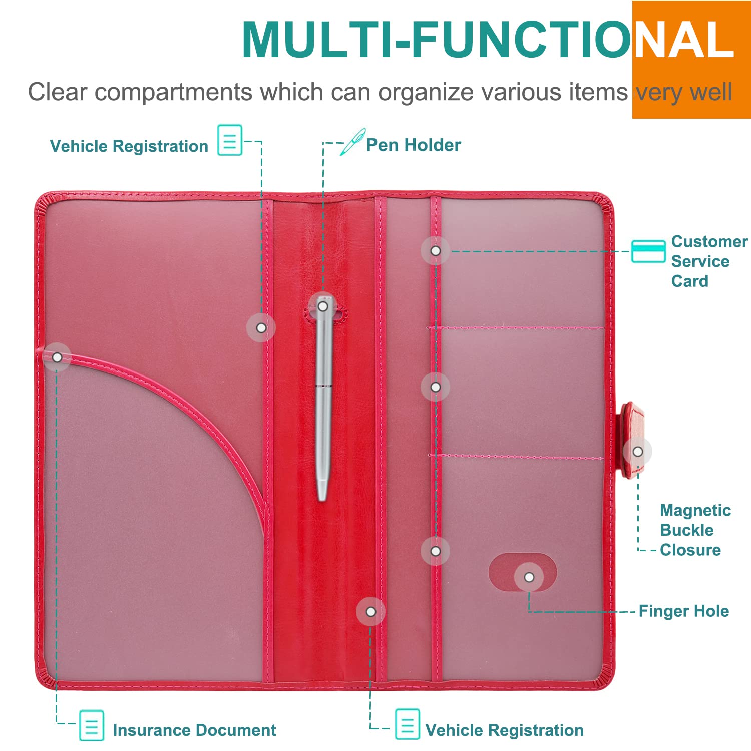 Rsaquar Car Registration And Insurance Holder, Leather Car Glove Box Organizer, Cool Car Accessories For Id, Driver'S License Cards & Essential Document, Men&Women, Red