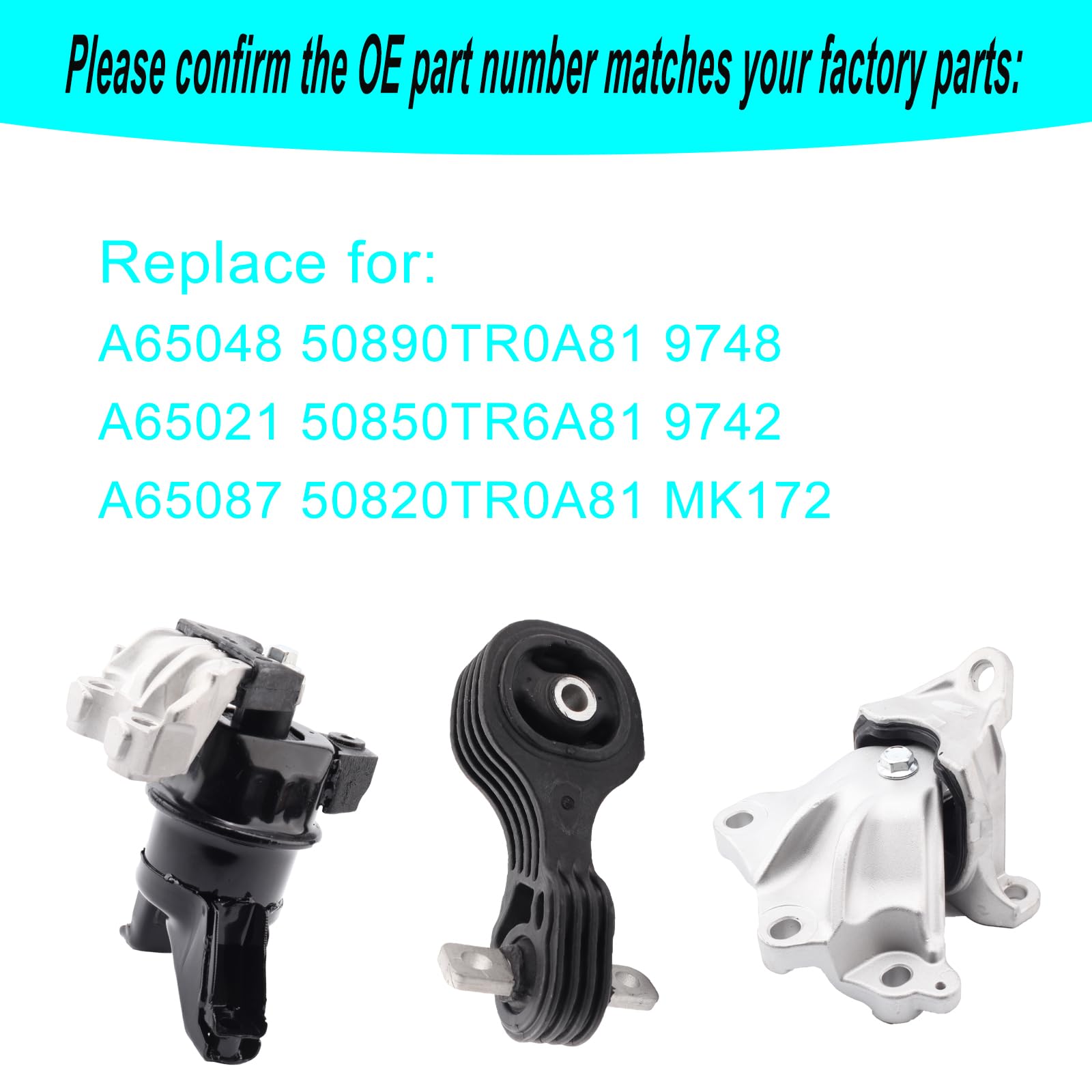Set of 3 Engine Motor Mount & Trans Mount Compatible with 2012-2013 Honda Civic 1.8L Coupe/Sedan Replacement for A65048 A65021 A