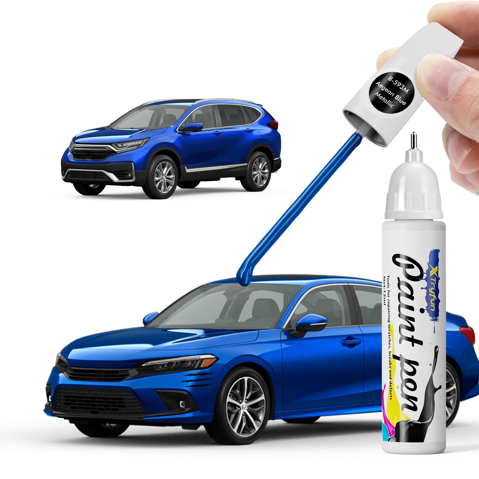 XTryfun Aegean Blue Metallic (B-593M) Touch Up Paint Compatible with Honda, DIY Car Paint Scratch Repair, Quick & Easy Fix Autom