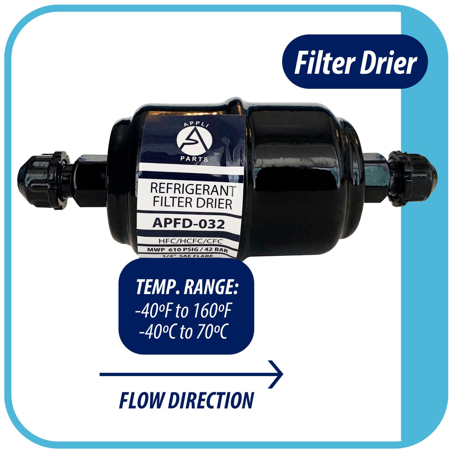 Appli Parts Apfd-032 1/4 In Liquid Line Refrigerant Ac Filter Drier Hvac Refrigeration 032 Sae Flare Connection Universal Unidirectional 4-1/2 In Long 1-3/4 In Wide