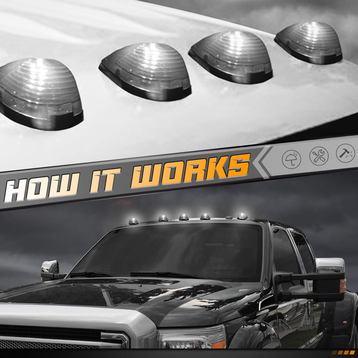 Hercoo Smoke Roof Cab Marker Lights Lens W/Led Bulbs Aftermarket Replacement Compatible With F150 F250 F350 F450 F550 Super Duty