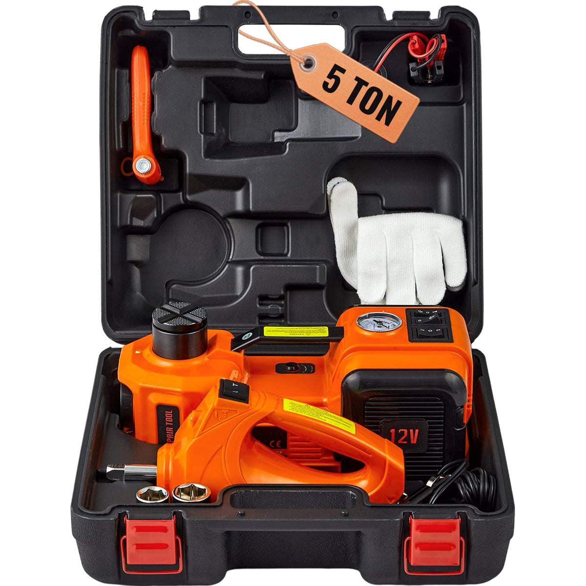 Vevor Electric Car Jack, 5 Ton/11023 Lbs Hydraulic Jack Lift With Electric Impact Wrench, Built-In Inflatable Pump, And Led Ligh