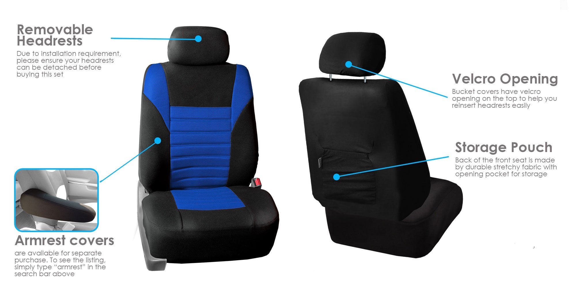 Fh Group Automotive Car Seat Covers Full Set Premium 3D Air Mesh Blue And Black Seat Covers, Airbag Compatible And Split Bench C