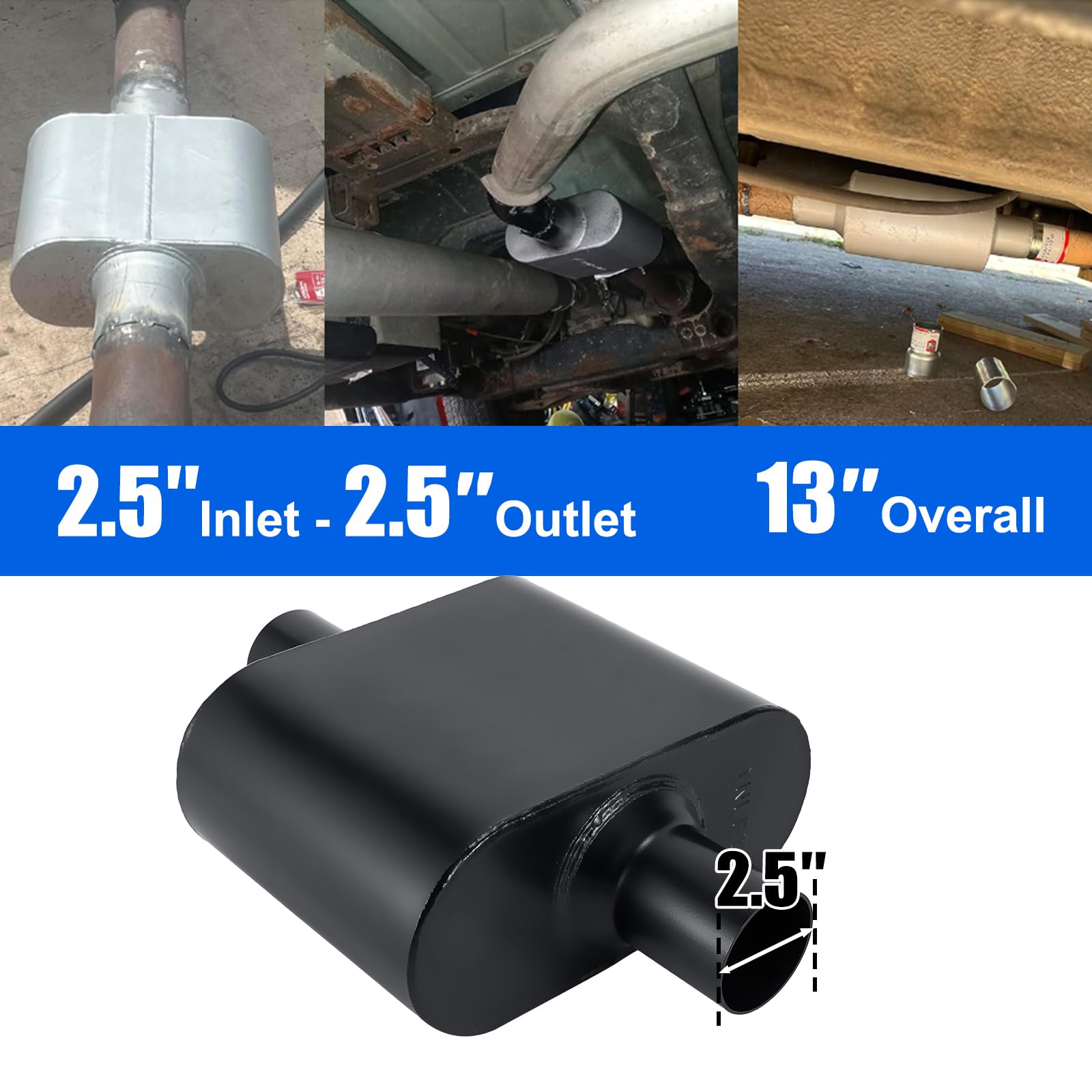 Floshine Universal Mufflers,Performance Automotive Exhaust Muffler,Single Chamber 2.5 Inch Inlet (Id) 2.5 Inch Outlet (Id) Black