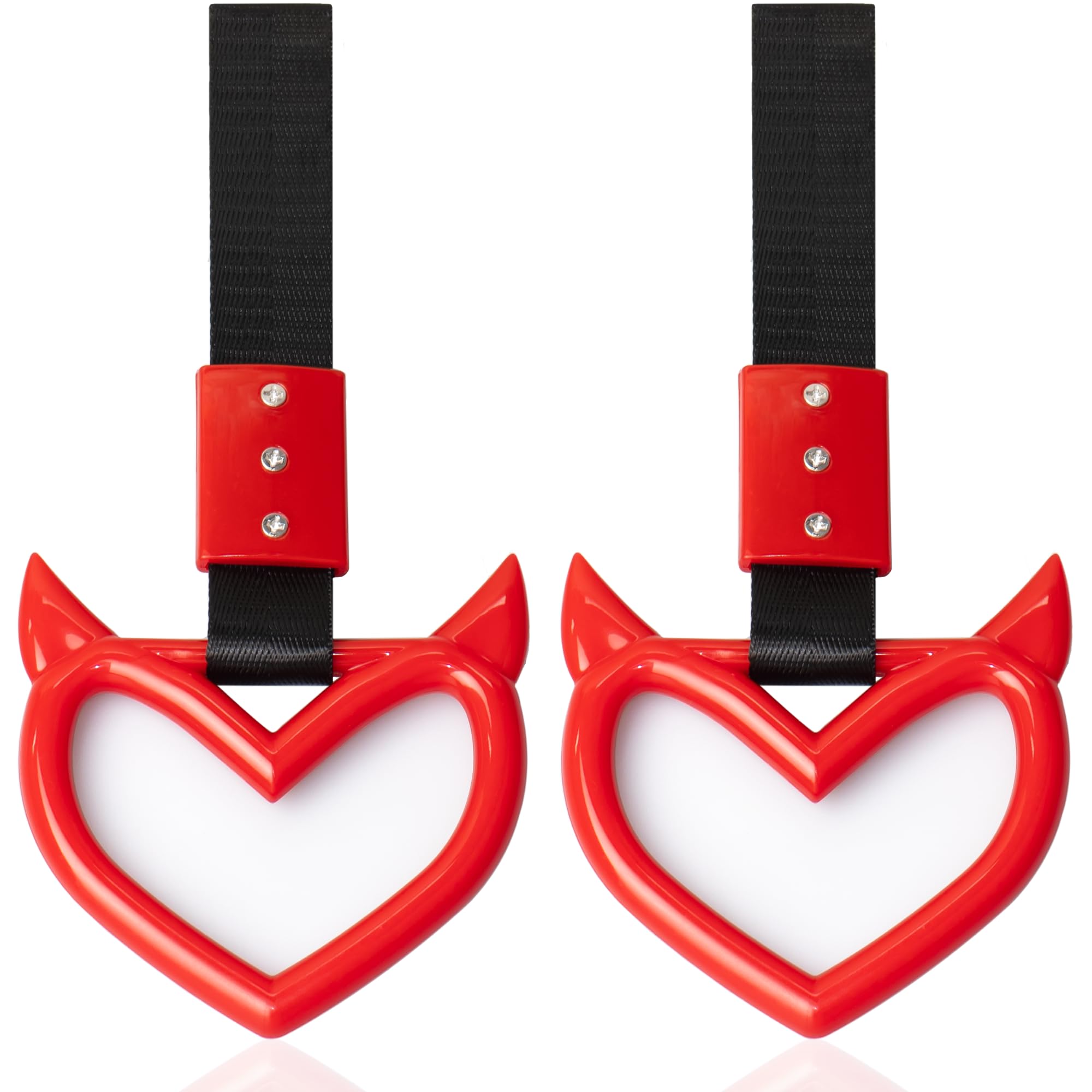 2 PCS JDM Car Accessories, Heart Handle Strap Drift Charm, Hang Ring Decorations Exterior Keychain for Car (Red, Devil Style)