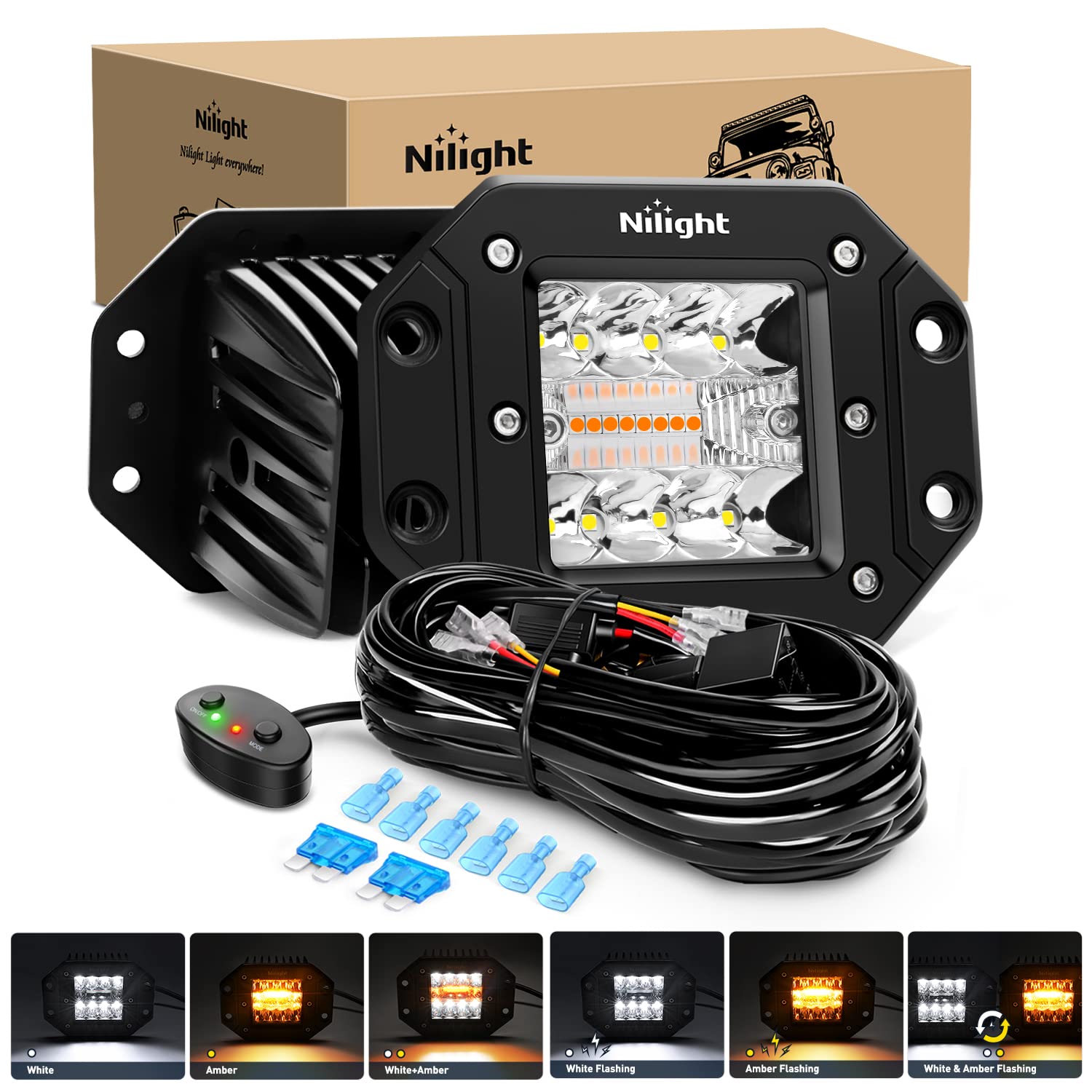Nilight 2Pcs 42W Light Pods Flush Mount Spot Flood Amber White Strobe 6 Modes Memory Function Off-Road Truck Car Atv Suv Cabin B