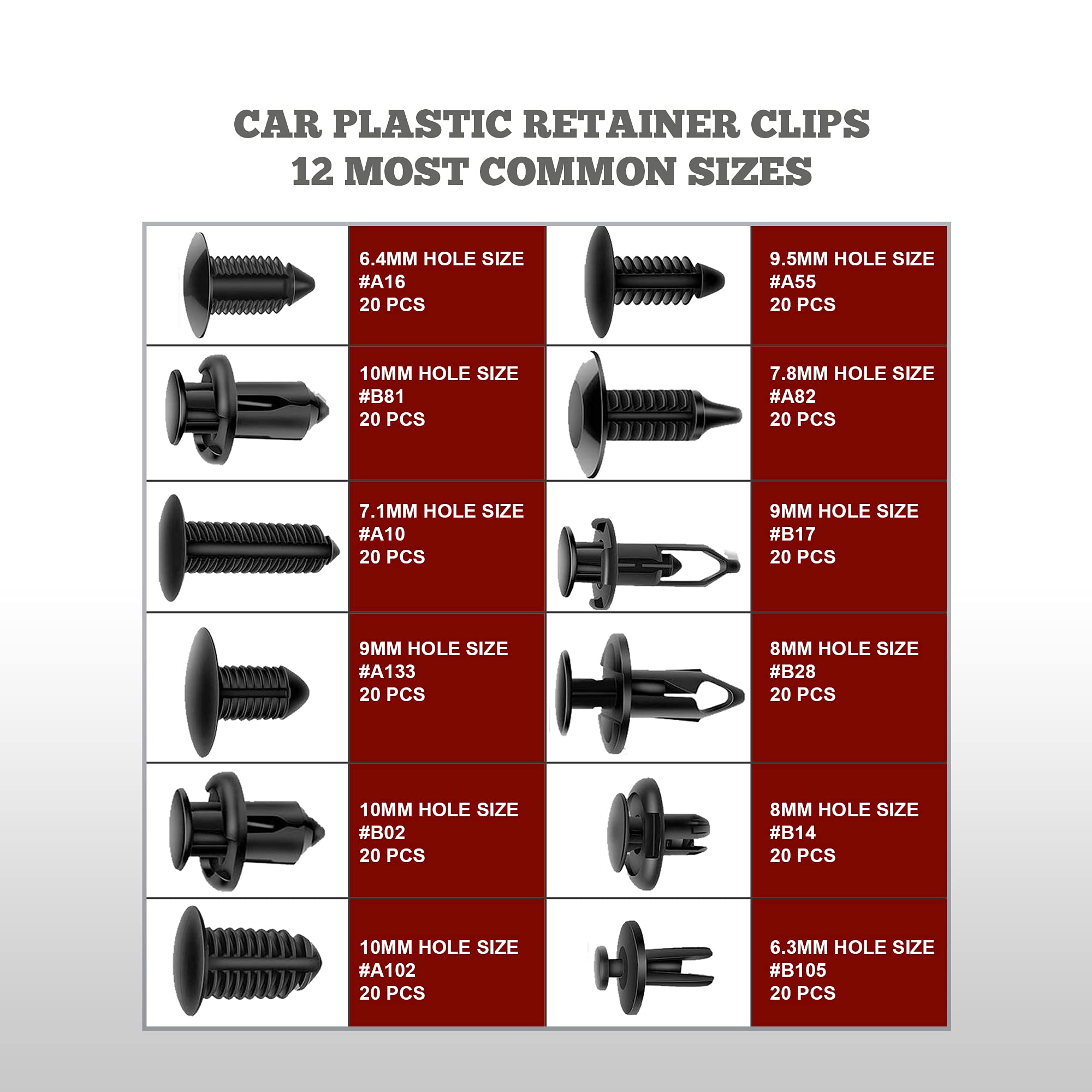 Performore 240 Pcs of Car Plastic Retainer Clips, Push Pin Rivets, Fastener Retainer Kit for Bumper Fender Door Trim Panel, Incl