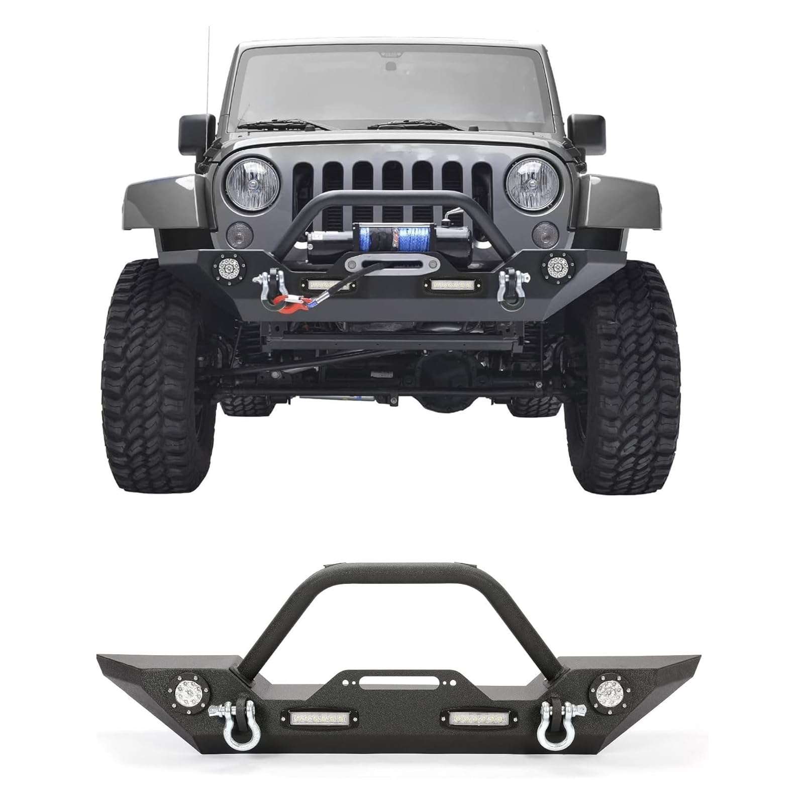 ECOTRIC Front Bumper Compatible with 2007-2022 Jeep Wrangler JK/JKU JL/JLU Gladiator JT With Winch Plate, LED Lights and D-rings