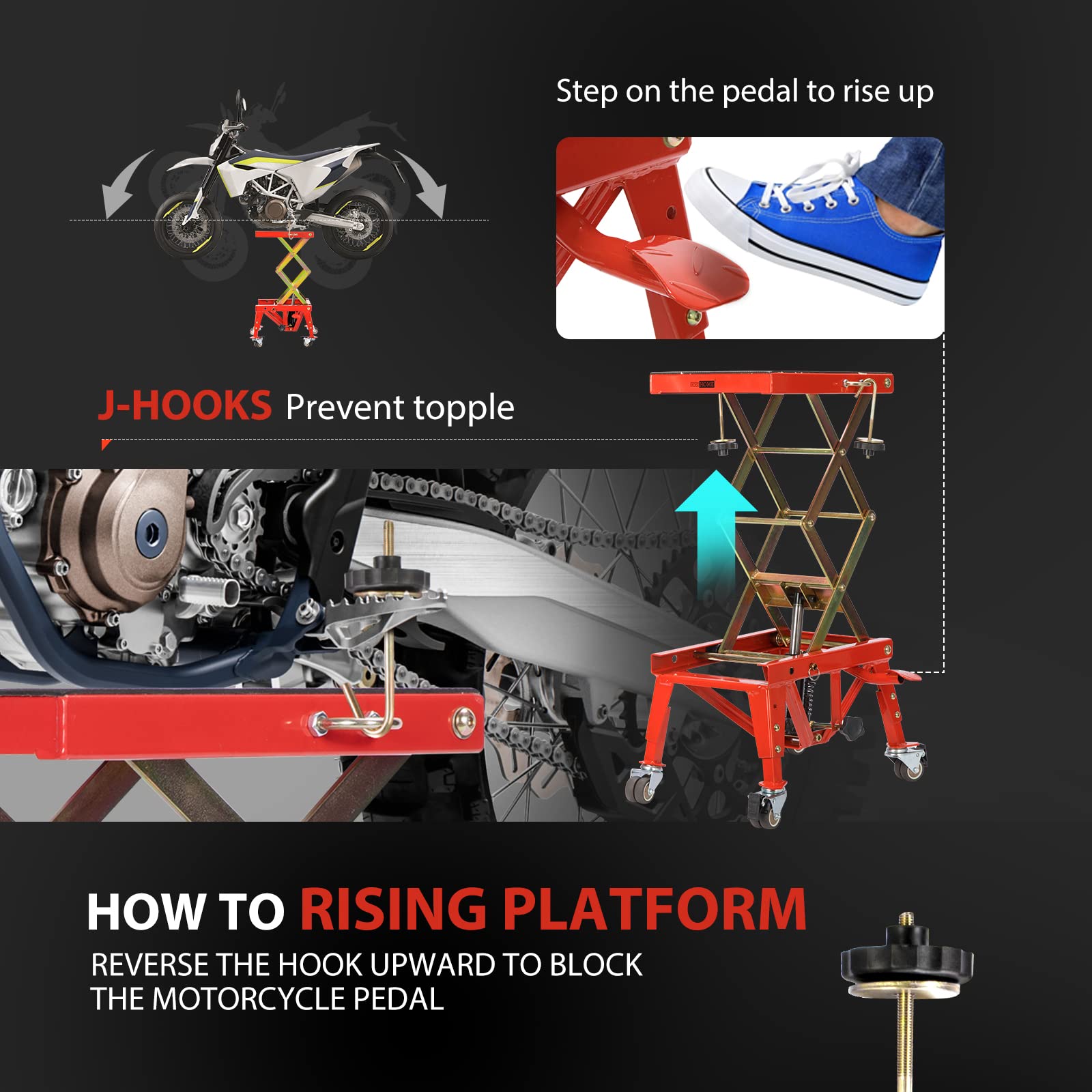 Vivohome 350 Lbs Heavy Duty Hydraulic Motorcycle Lift Jack Table Foot Operated Atv Dirt Bike Scissor Stand With 4 Wheels