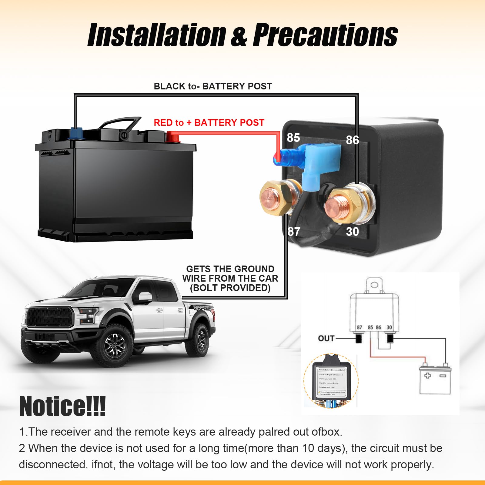 2G 250A Remote Battery Disconnect Switch & 5 Awg Battery Cables, Dc12V Top Post Negative Battery Kill Switch For Car Rv Truck Wi