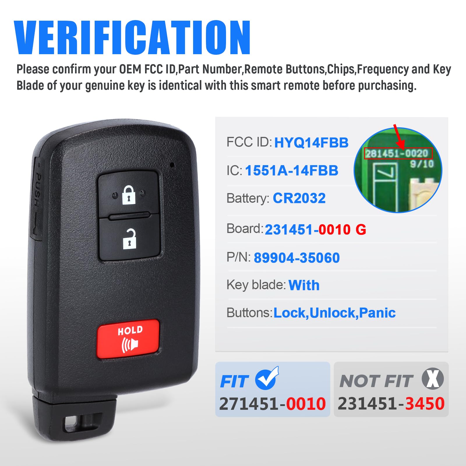 Keymall Car Smart Remote Key Fob Replacement for Toyota Tacoma Tundra 4Runner Sequqia 2021 2022 (FCC ID:HYQ14FBB P/N: 89904-3506