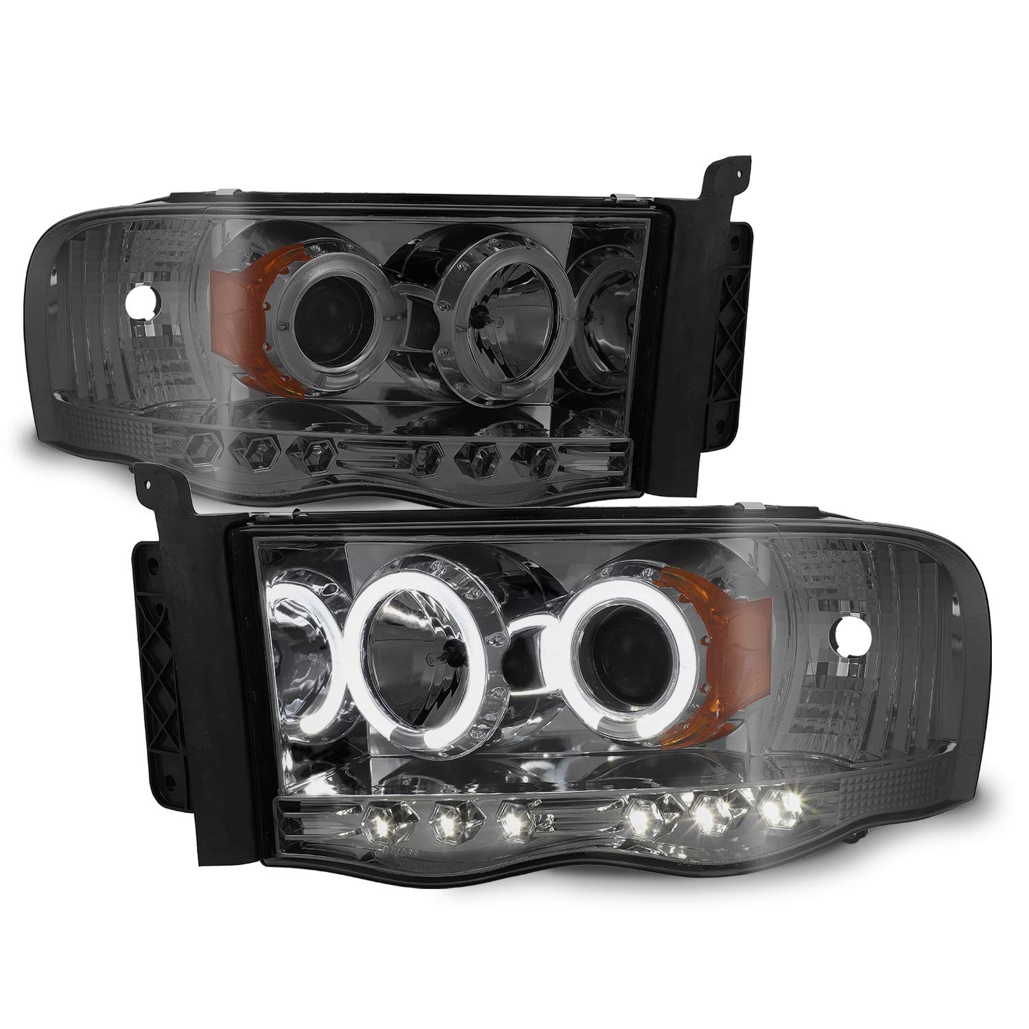Akkon - For 2002-2005 Dodge Ram 1500 | 2003-2005 Ram 2500 3500 Smoke Dual Halo Projector Led Headlights Pair Set