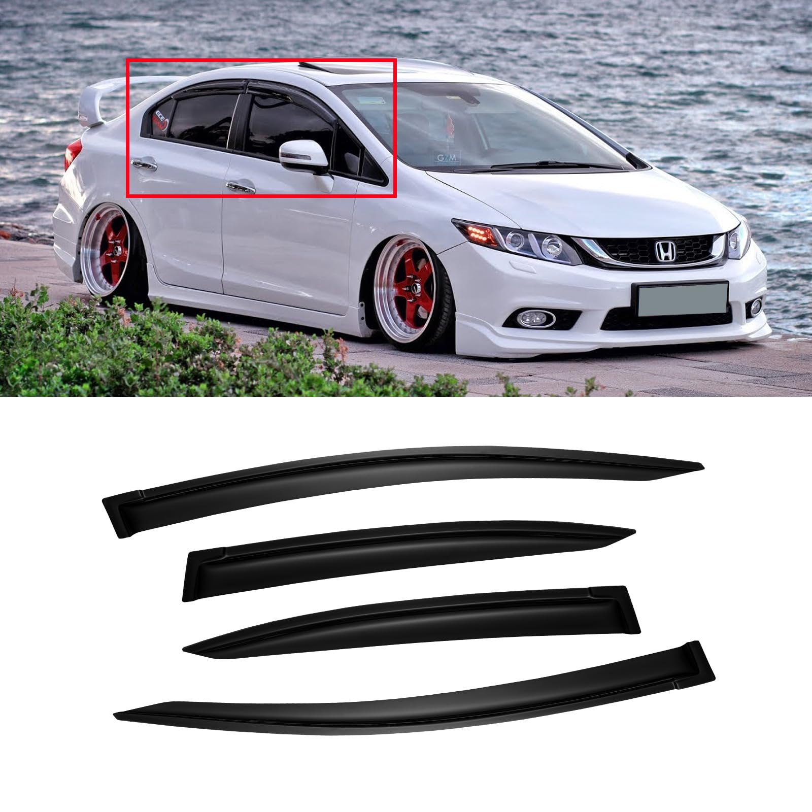 Cmvt Auto Window Visors For 2012-2015 Honda Civic Sedan 4-Door, Outside-Mount Shatterproof Rain Guards Vent Shade Deflector Dark