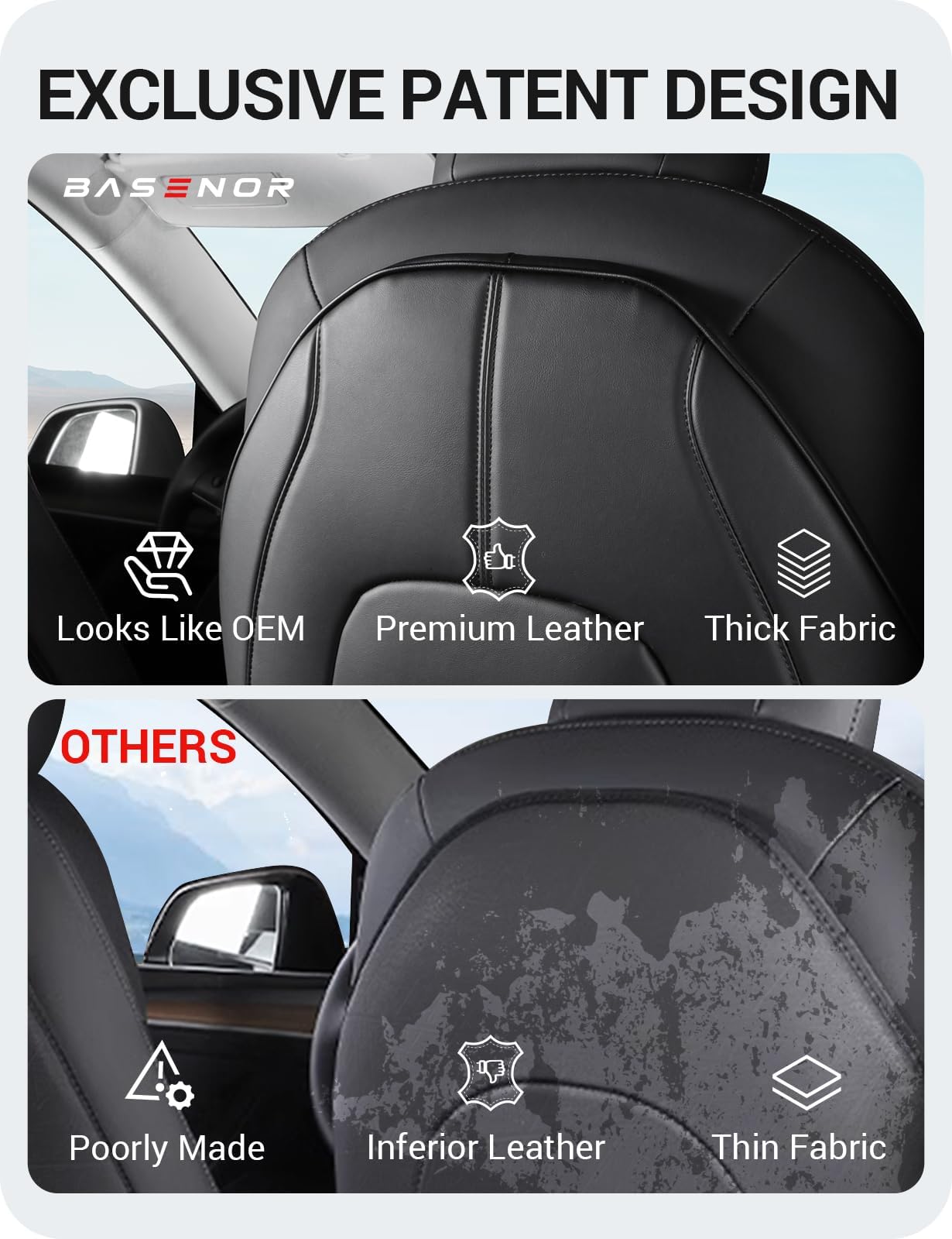 Basenor 2025 Upgraded Tesla Model 3/Y/S/X Leather Seat Back Kick Protector, Backseat Mats For Kids - Extra Organizer Pocket, Wat