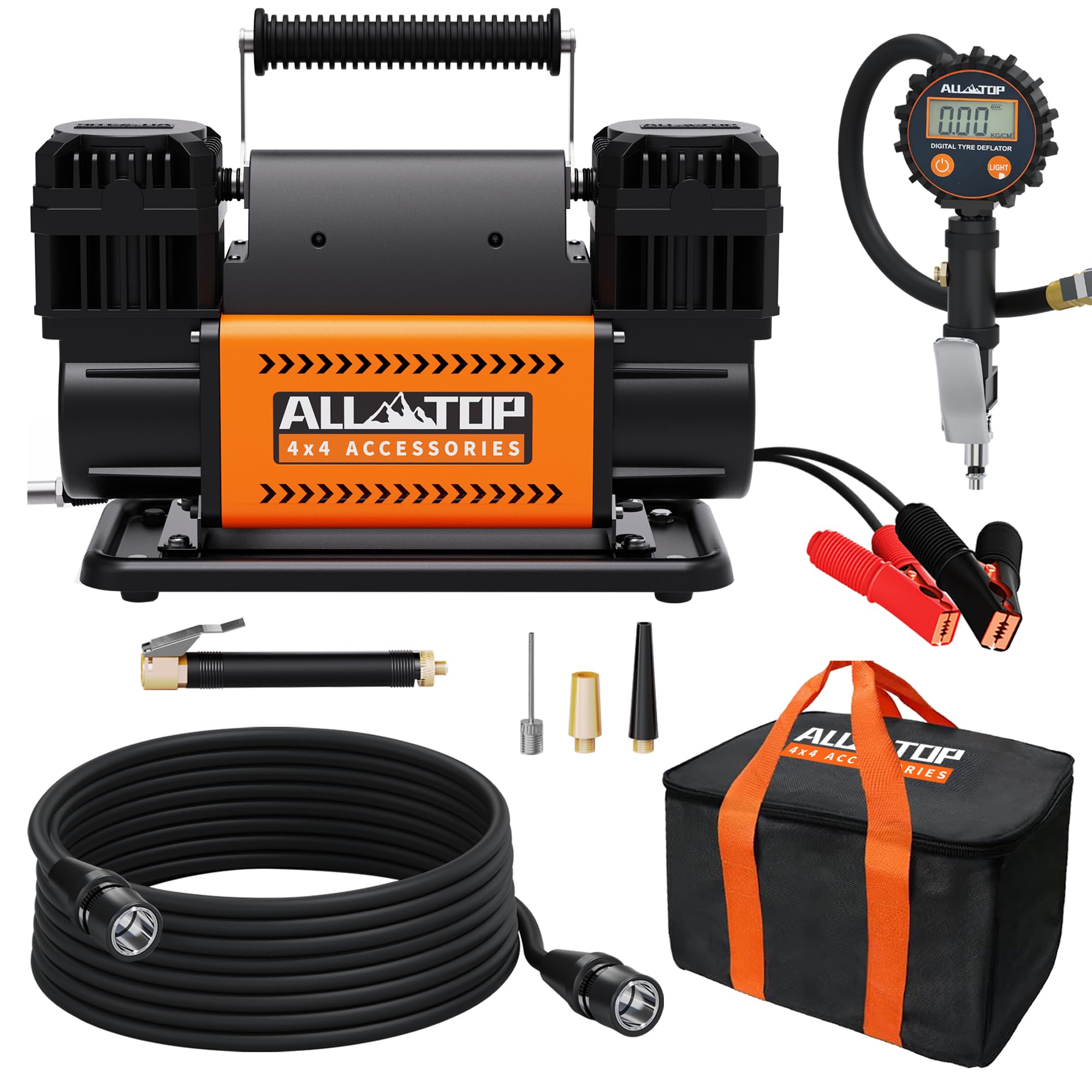 ALL-TOP Dual Cylinder Air Compressor with Digital Pressure Gauge Tire Inflator Kit, 12V Portable Inflator 12.35ft/Min, Offroad A