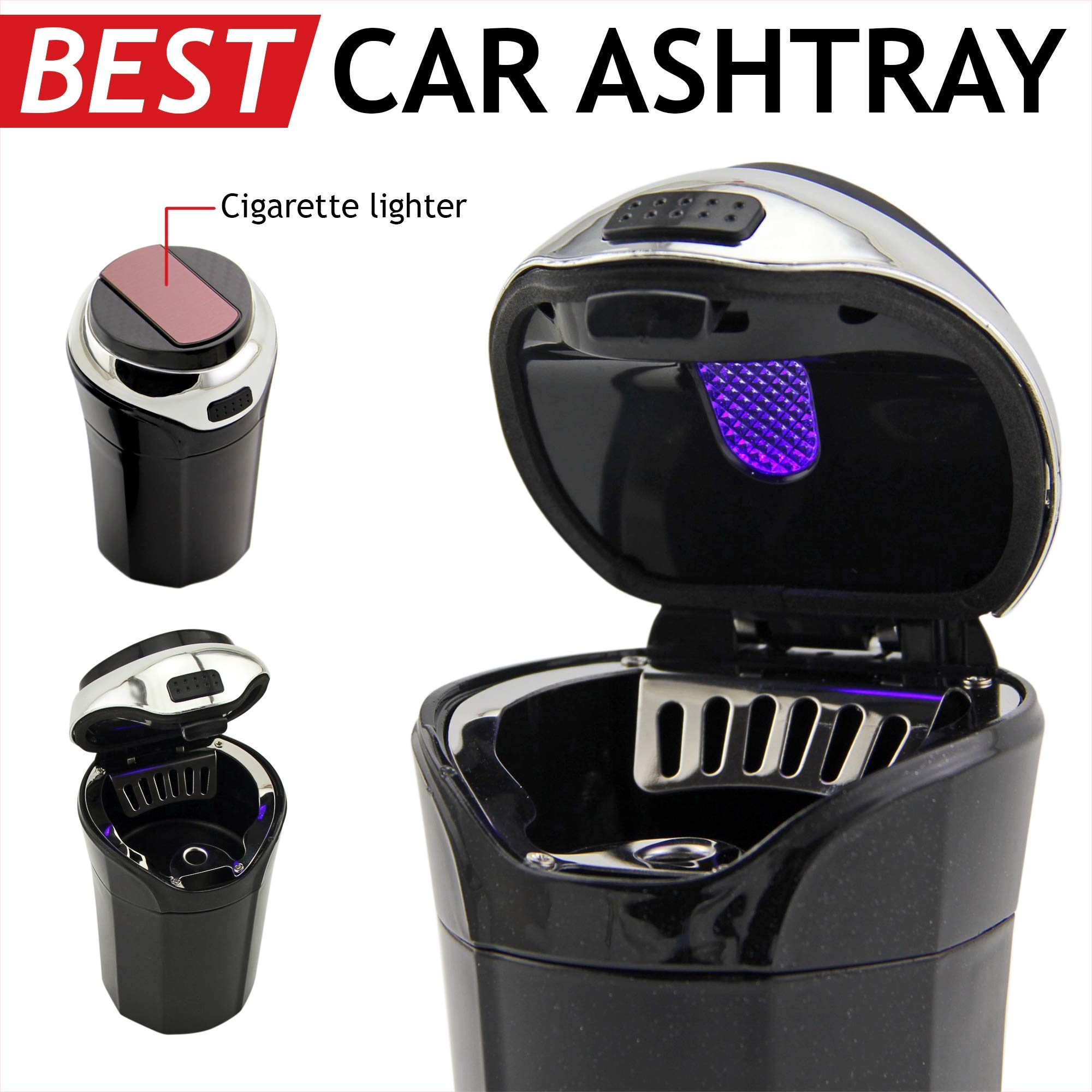 Takavu Car Ashtray (1-Pack), Easy Clean Up Detachable Stainless Car Ashtray With Lid Blue Led Light And Removable Lighter For Mo
