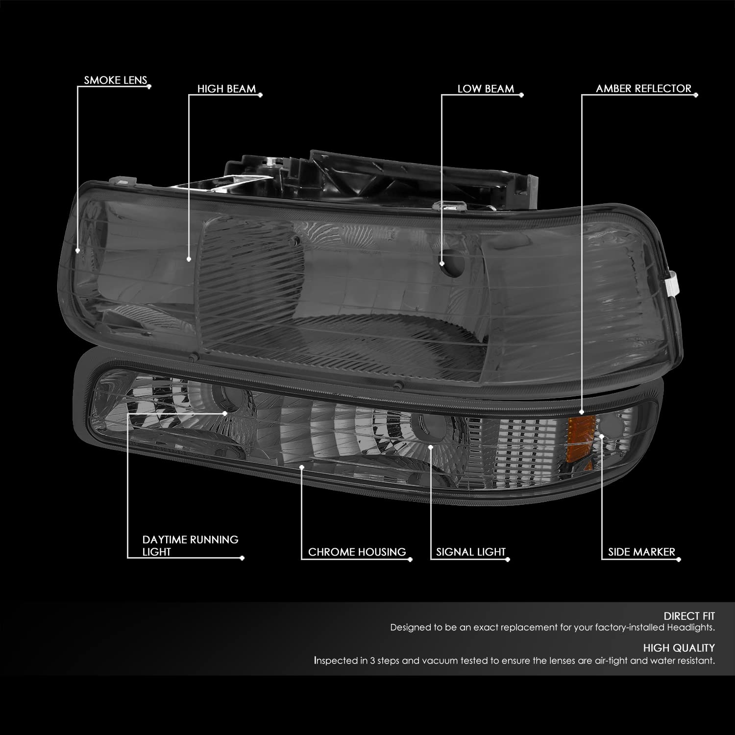 DNA MOTORING HL-OH-CS99-4P-SM-AB Smoke Lens Headlights Compatible with 99-02 Silverado 00-06 Suburban/Tahoe Bottom Bumper Lights