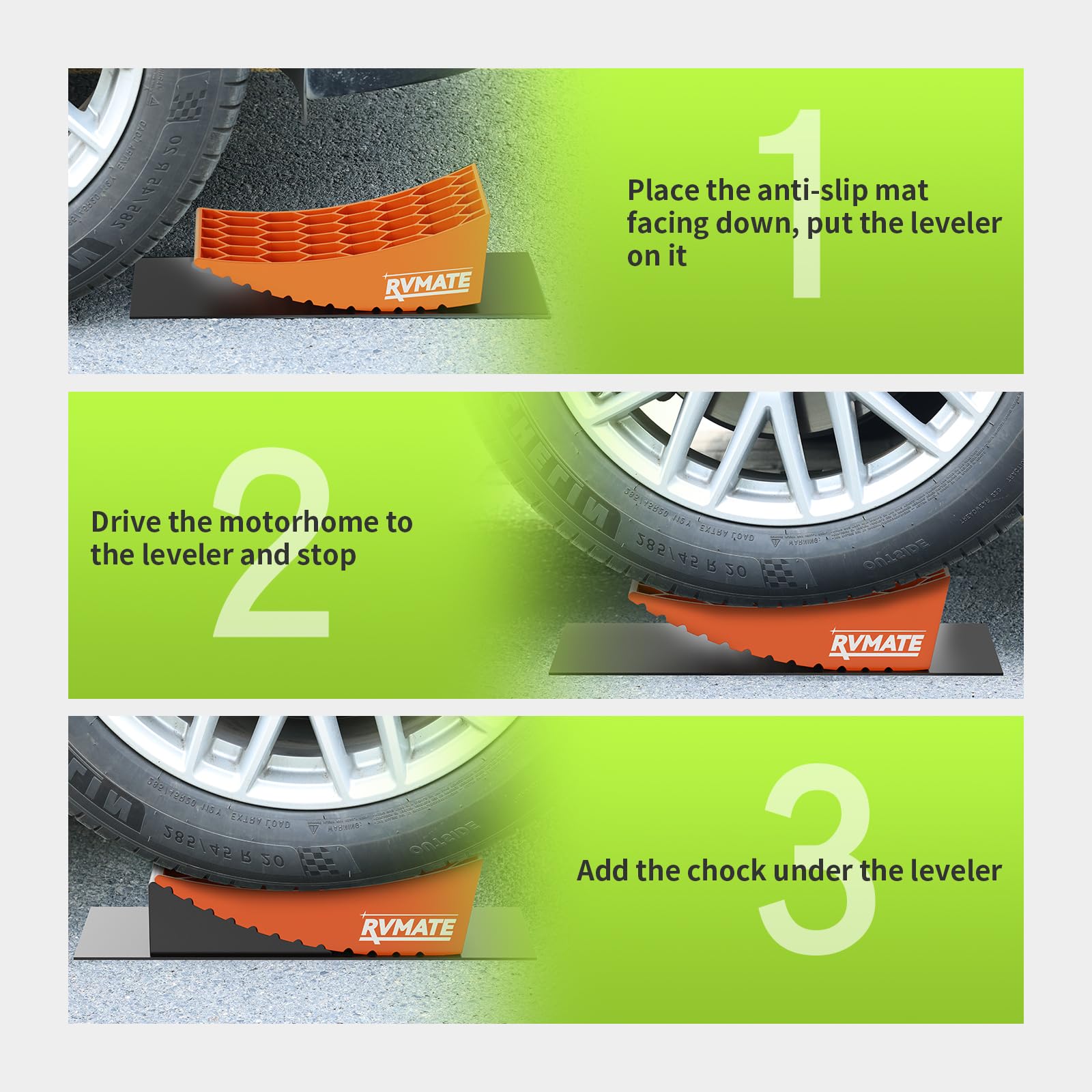 Rvmate Camper Levelers 8-Piece Kit Rv Leveling Blocks Camper Wheel Chocks Including Two Curved Levelers, Two Chocks, One Level A