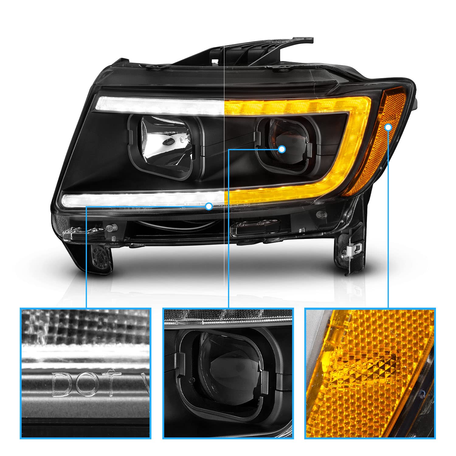 AmeriLite C-Type LED Switchback Projector Headlight Assembly Pair for 2011-2013 Jeep Grand Cherokee WK2 - Black