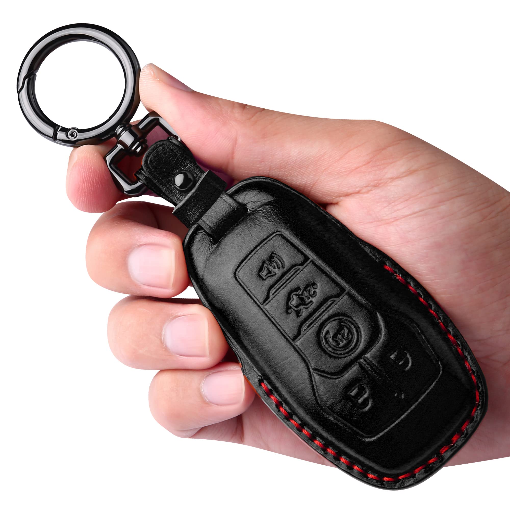 Tukellen For Ford Leather Key Fob Cover With Keychain Compatible With 2013-2016 Ford Fusion 2015-2017 Ford Mustang F-150 Explorer-Black(Red Line)