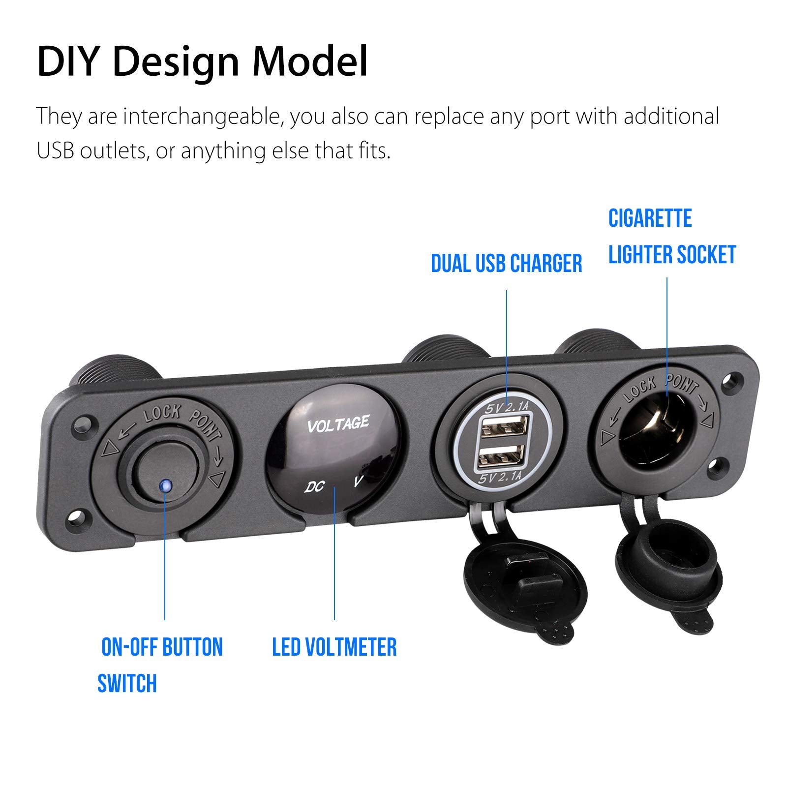 Linkstyle 4 In 1 Marine Switch Panel, 12V 4.2A Dual Usb Charger Socket Power Outlet & Led Voltmeter & Cigarette Lighter Socket & Led Lighted On Off Rocker Toggle Switch For Truck Car Marine Boat Rv