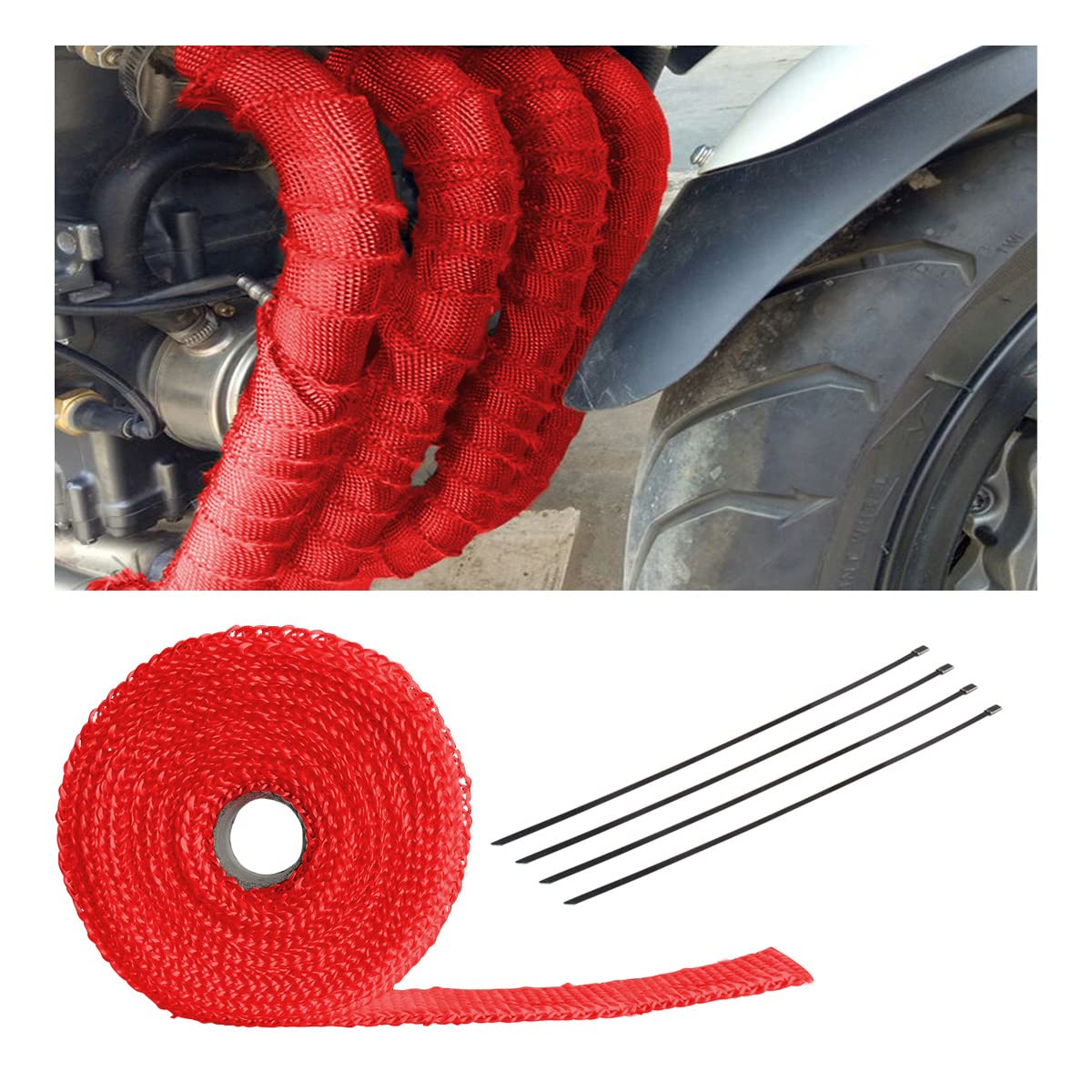 Auto Exhaust Wrap For Motorcycle, 16Ft Titanium Fiberglass Hose Heat Shield Roll Sleeve With 4Pcs Stainless Ties, Universal For 