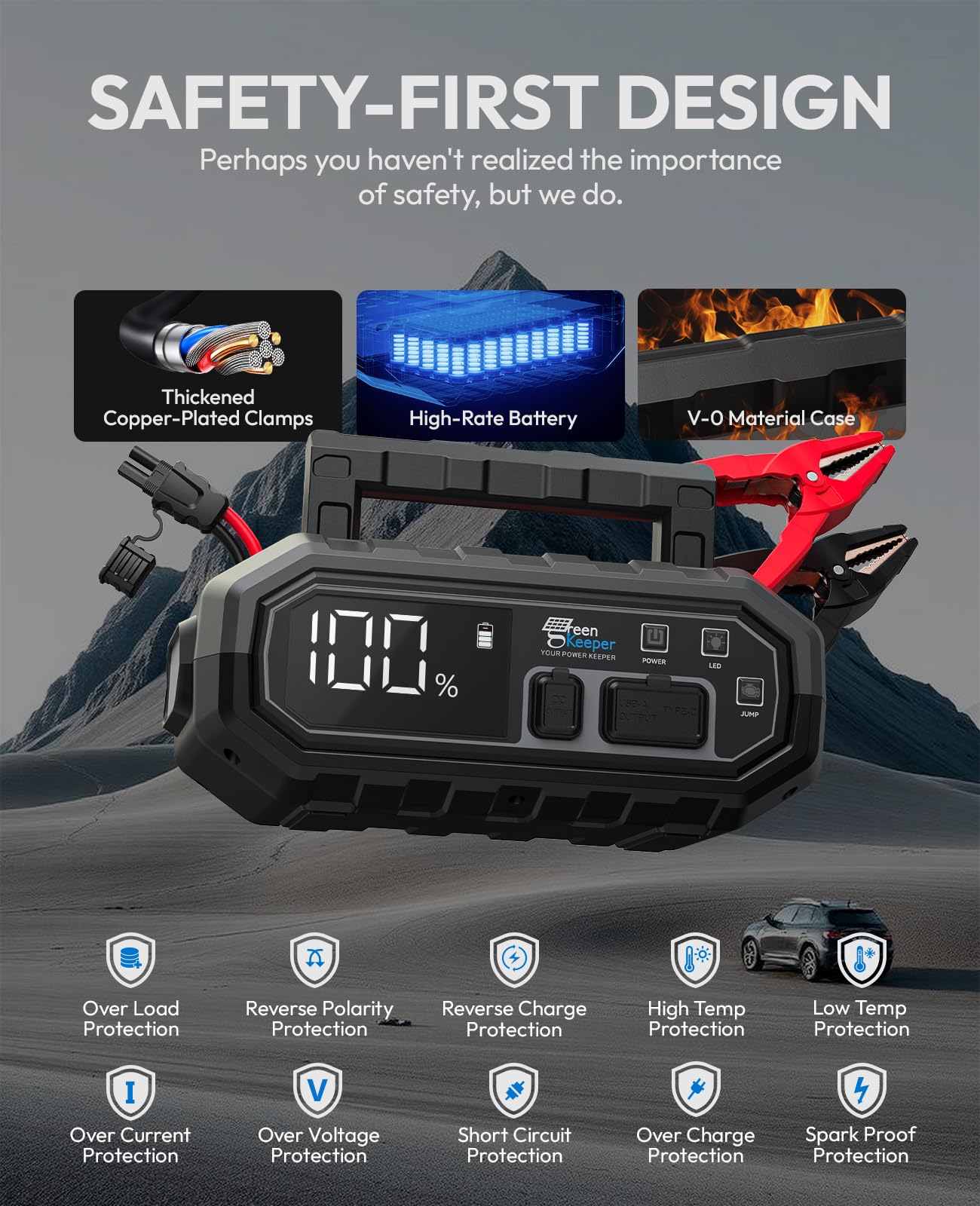 4000A Portable Car Jump Starter: 12V Battery Jumper Box Emergency Kits For 10.0L Car Truck, Auto Booster Start Pack, Fast Charge