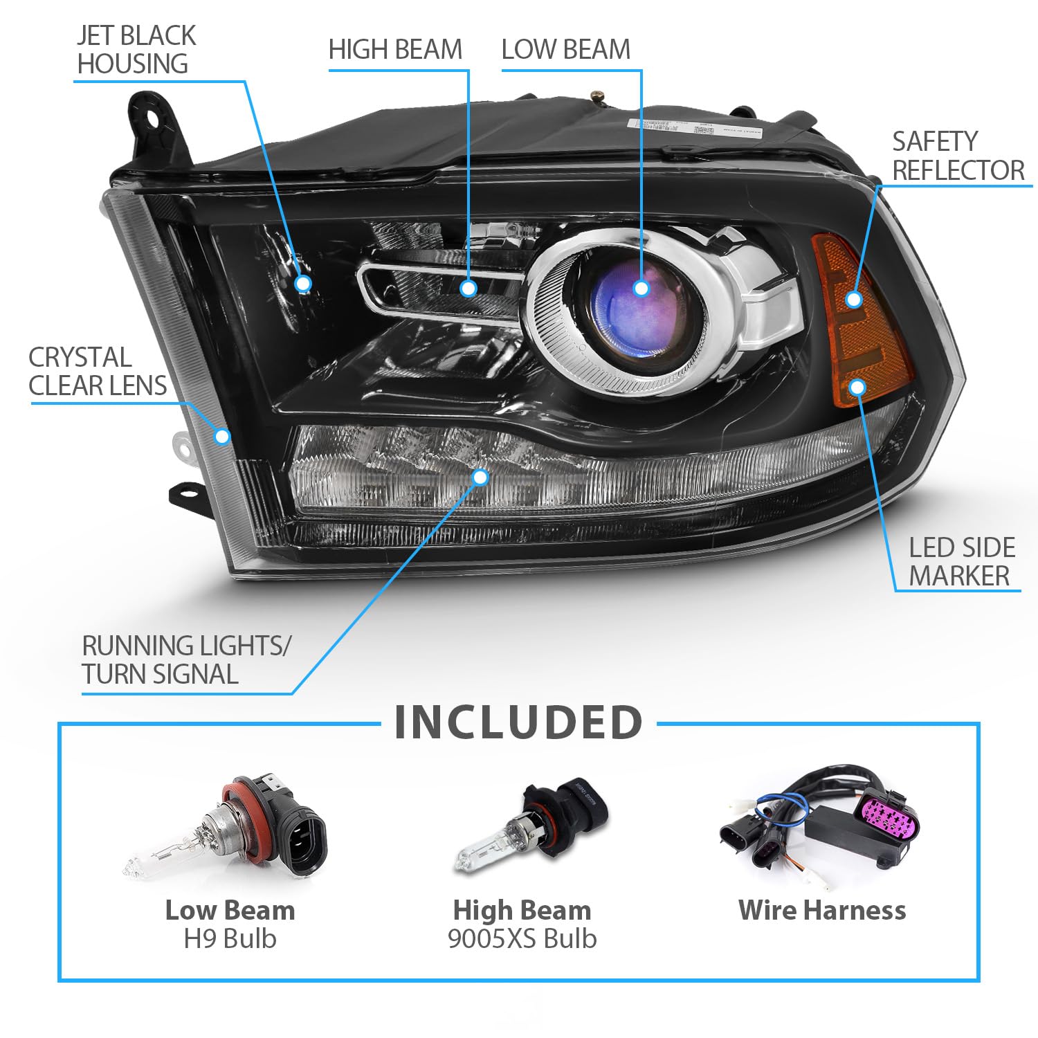 Amerilite Halogen, Led, Projector Headlights For 2009-2018 Dodge Ram 1500 2500 3500 Assembly Tube Turn Signal Set, Vehicle Light Assembly, Polished Black With Switchback Led