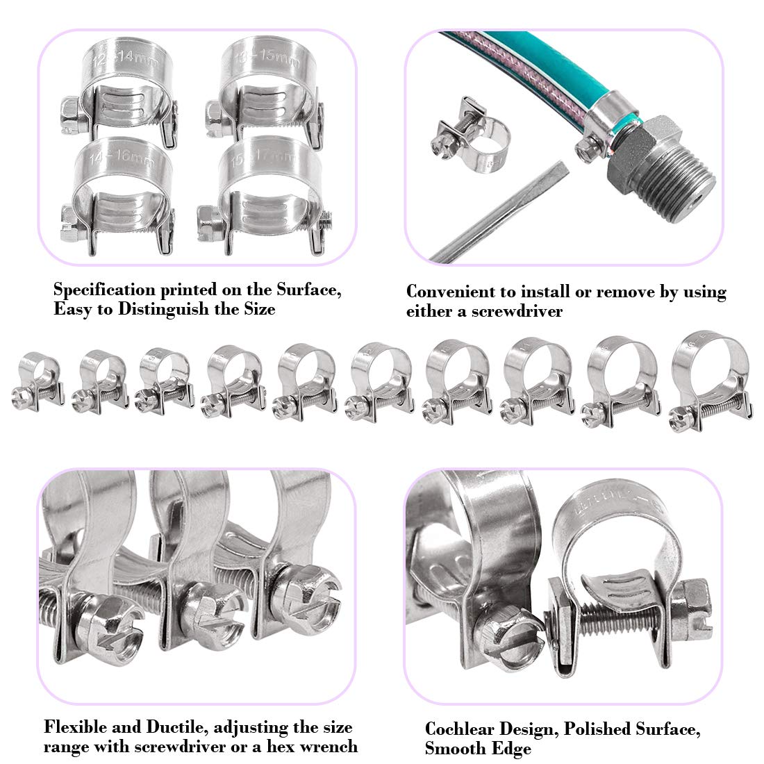 Swpeet 12Pcs 16Mm-18Mm 304 Stainless Steel Mini Fuel Injection Line Style Hose Clamp Assortment Kit Perfect For Automotive, Agri