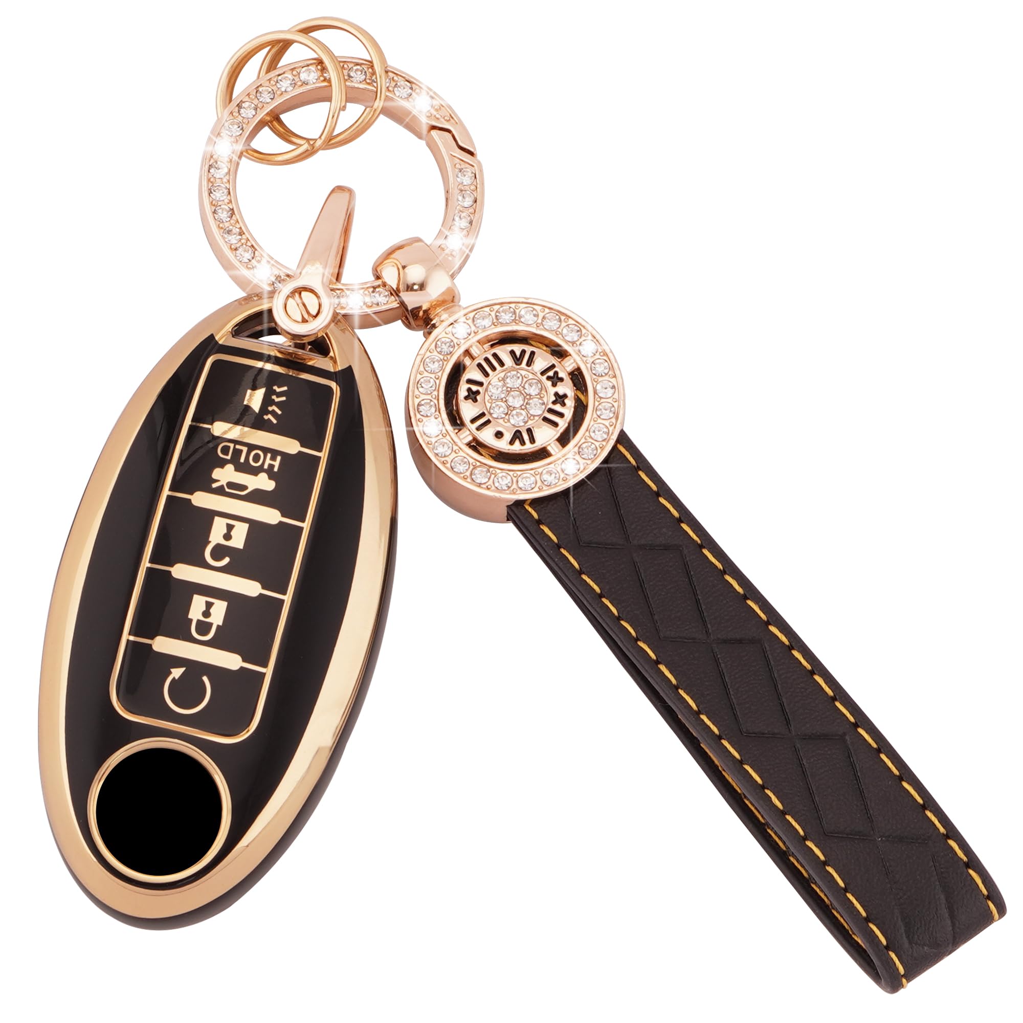EKALA for Nissan Key Fob Cover 5 Buttons Soft TPU Full Covers Protection Key Case Shell with Leather Keychains Black Gold Fit fo