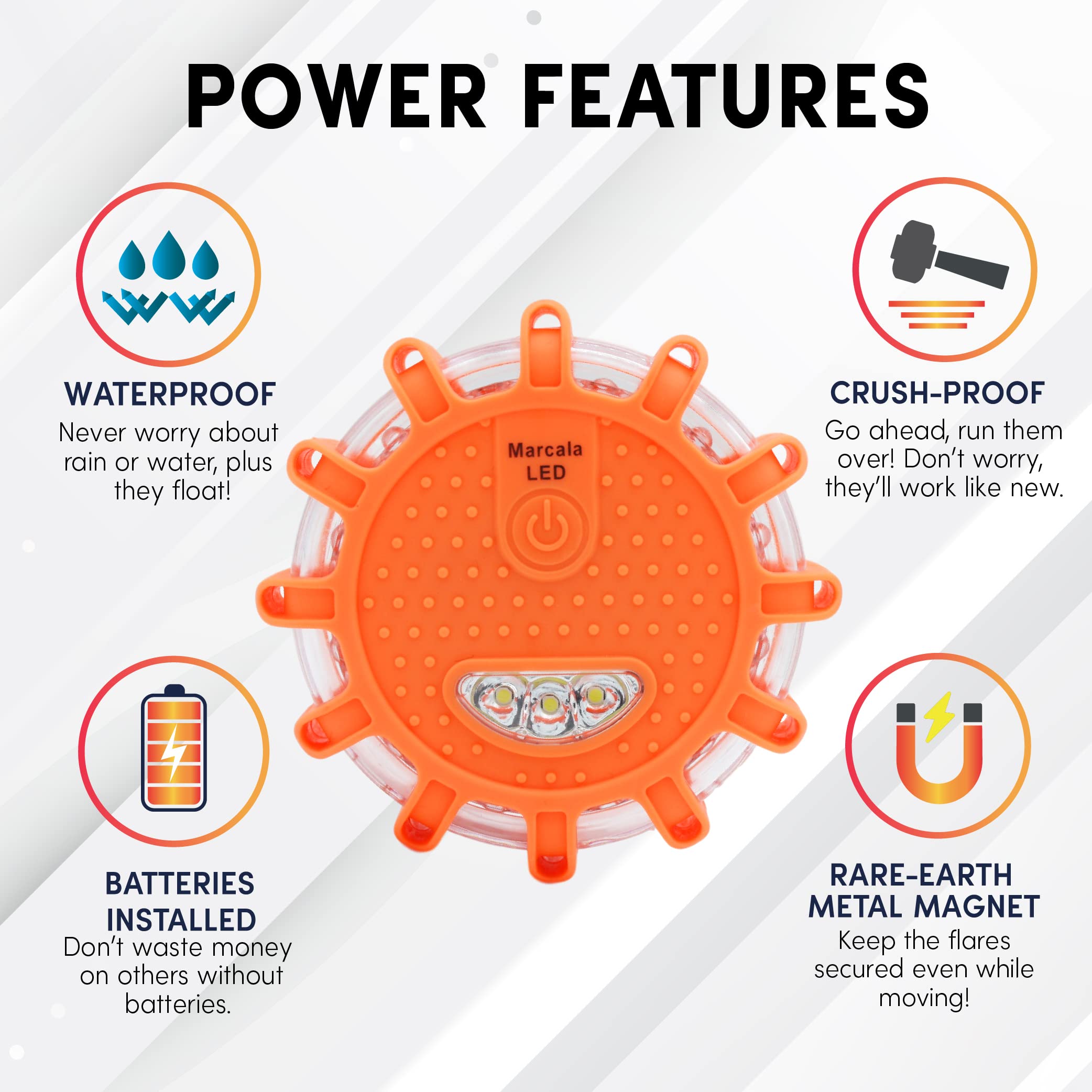 Marcala 4-Pack Rechargeable Led Emergency Road Flares | Large 1200Mah Battery For Longer Run Time | Red Diode Road Emergency Light For High Visibility | Rechargeable Led Flares W/Included Usb-C Cable