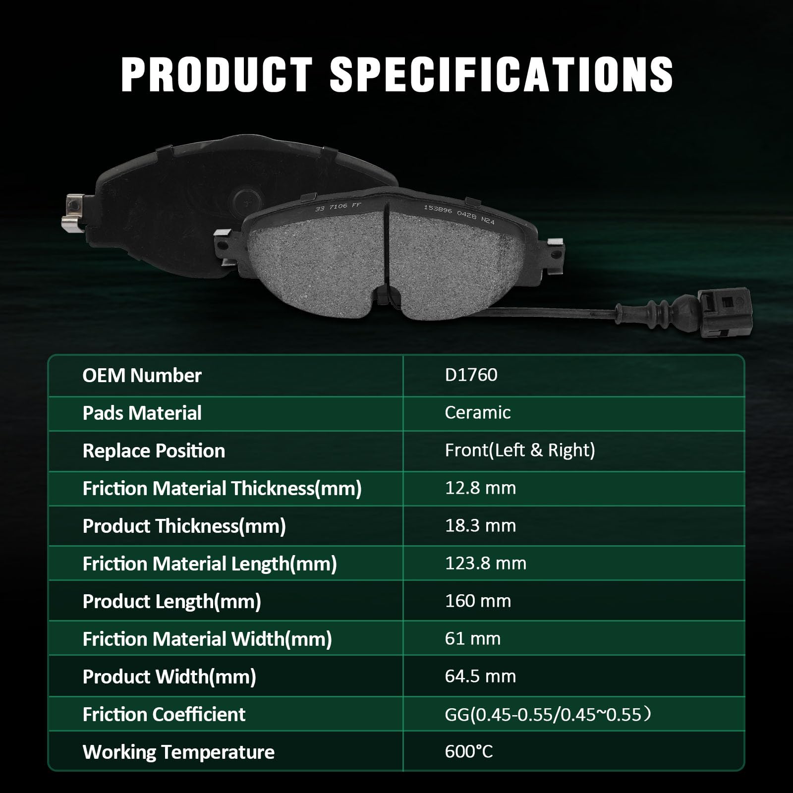 Automuto 4Pcs Front Brake Pads D1760 For Audi A3 15-16/A3 Quattro 15-16/Tt Quattro 16-20, For Volkswagen Golf 15-21/Alltrack 17-