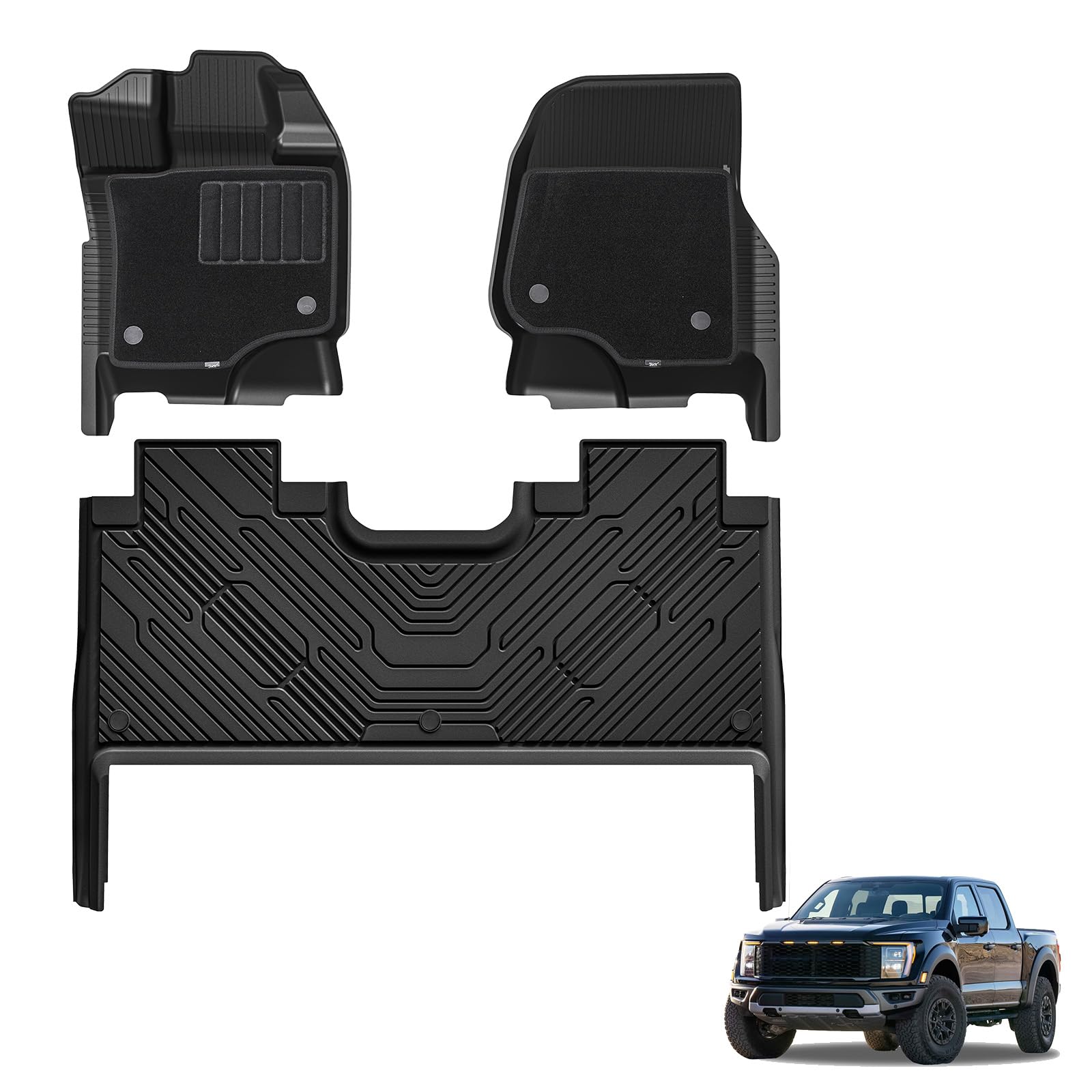 3W Floor Mats & Front Carpet Fit For 2015-2024 Ford F150 / F-150 Lightning Supercrew Cab, Tpe All Weather Heavy Duty Floor Liner