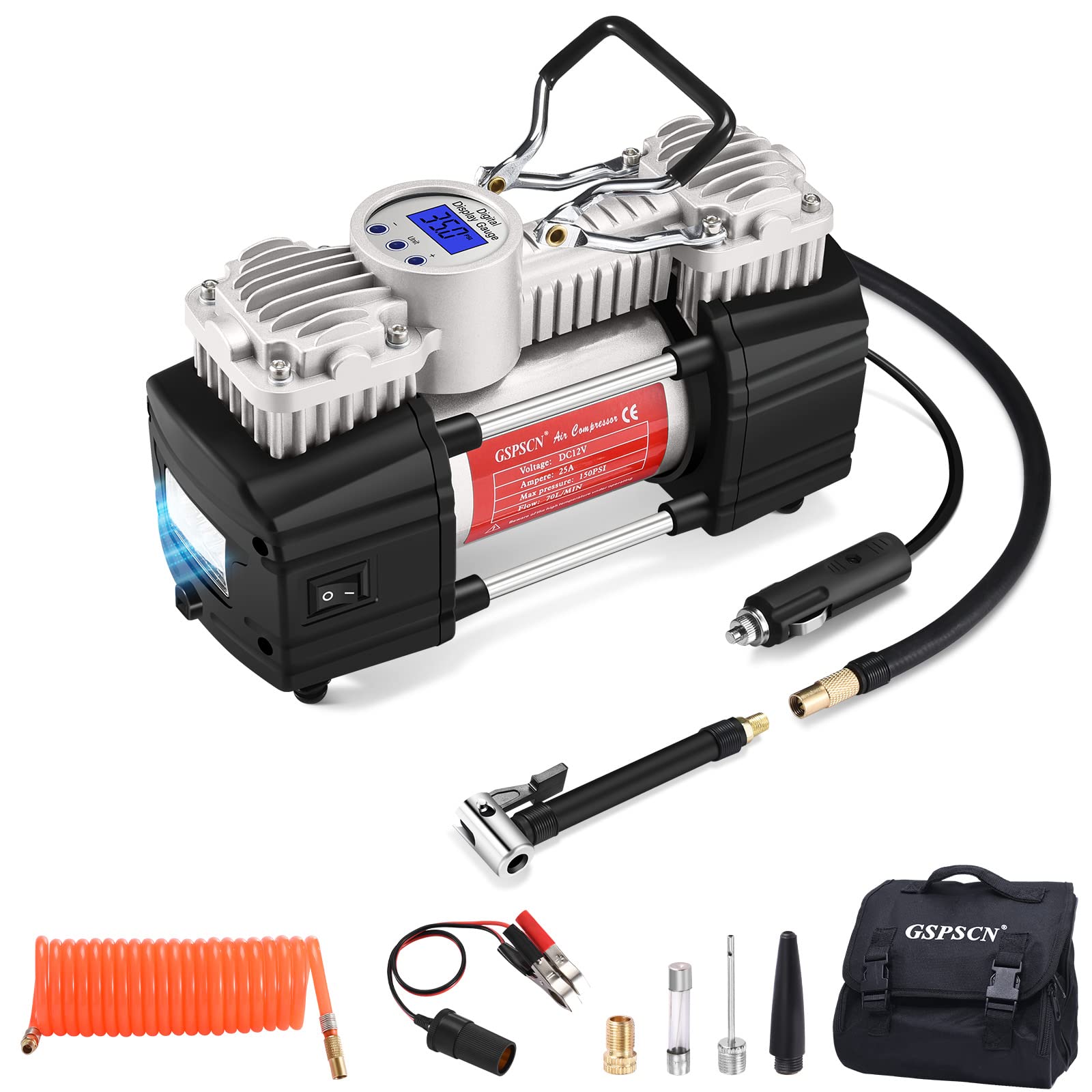 Gspscn Portable 12V Air Compressor Pump Digital Display Tire Inflator With Led Flashlight, Heavy Duty Dual Cylinder Tire Pump 15