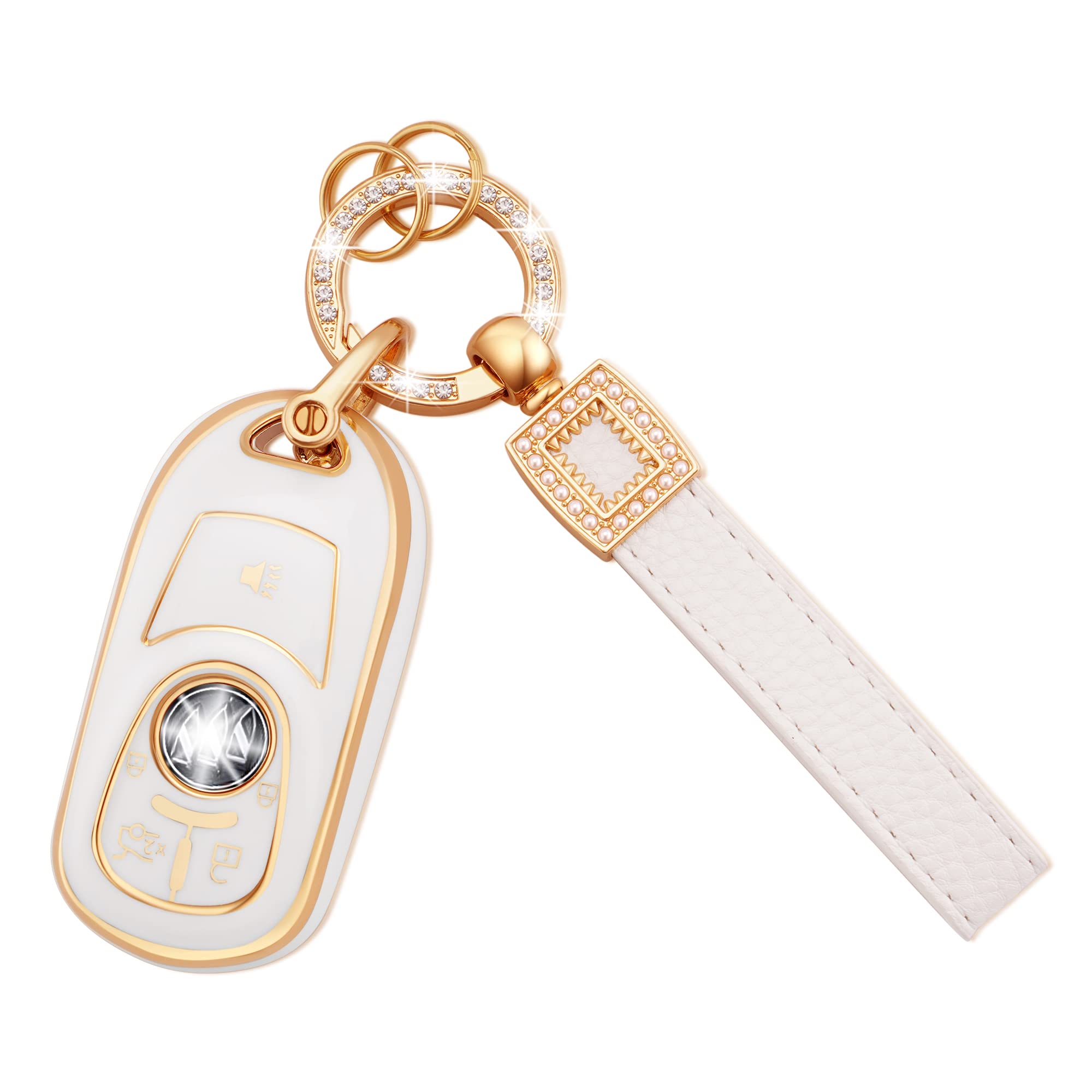 EKALA for Buick Key Fob Cover with Leather Key Fob Keychain, 4 Buttons Soft TPU Keys Case Shell with Gold Keychain Compatible wi