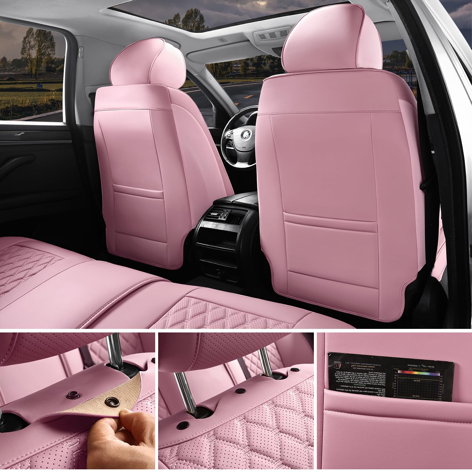 Sxikin Car Seat Covers Front Seats Pink, Luxury Faux Leather Car Seat Covers Waterproof Non-Slip Seat Protector Universal Fit Fo