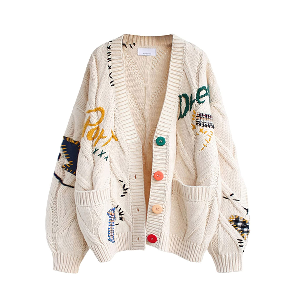 Womens Cable Knit Long Sleeve Open Front Cardigan Sheep V-Neck Button Down Embroidery Wool Blend Sweater Coat Outwear (L,Beige)