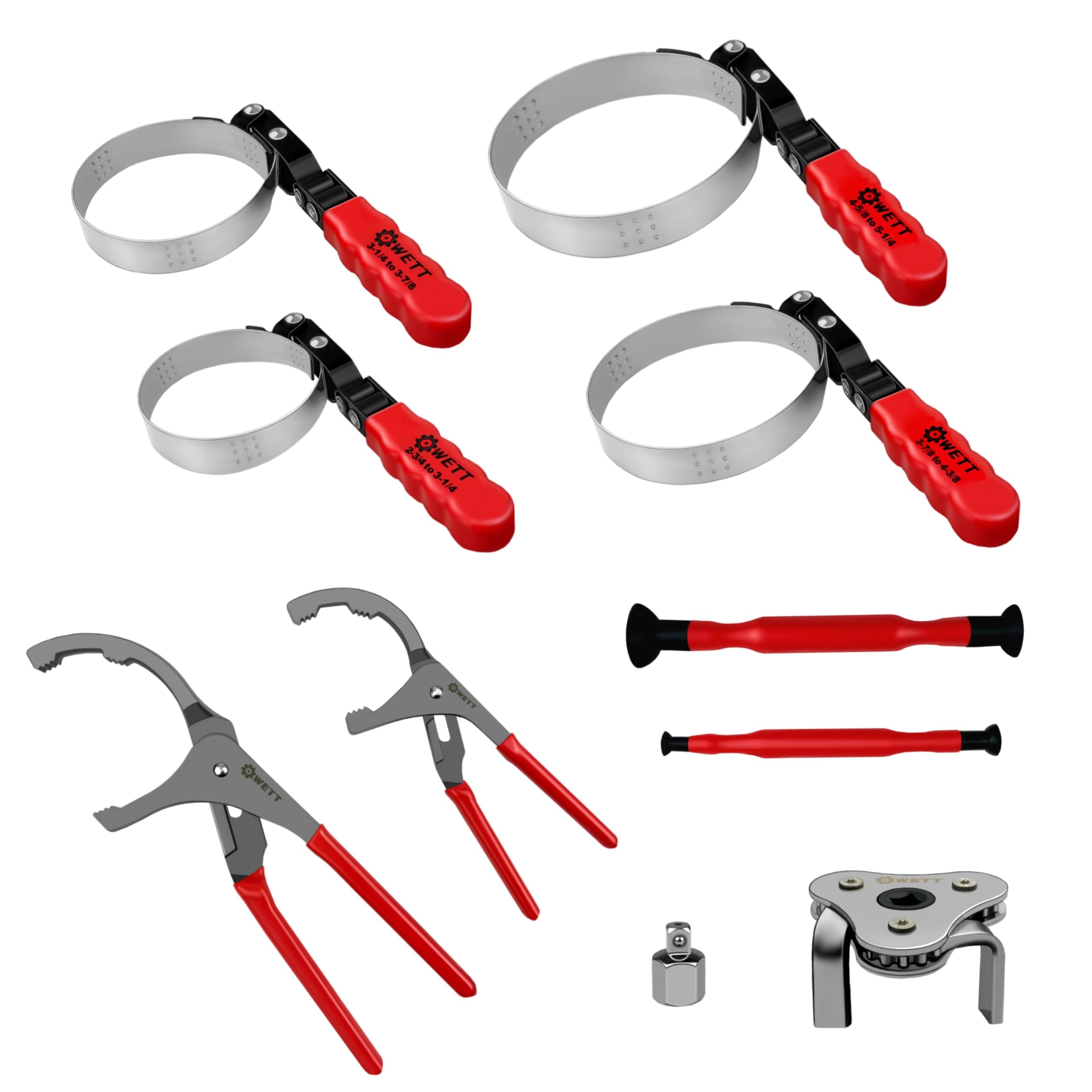 WETT Swivel Oil Filter Wrench Set, 9-Piece Standard Oil Filter Removal Tool, with Adjustable Oil Filter Plier and Valve Lapper, 