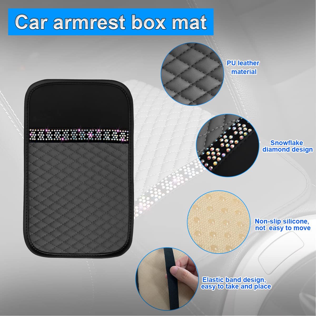 Bling Leather Car Center Console Cover, Car Center Console Protector With Glossy Crystal Rhinestone, Universal Waterproof Car Armrest Seat Box Cover For Most Car, Vehicles, Suvs, Trucks (Gray)