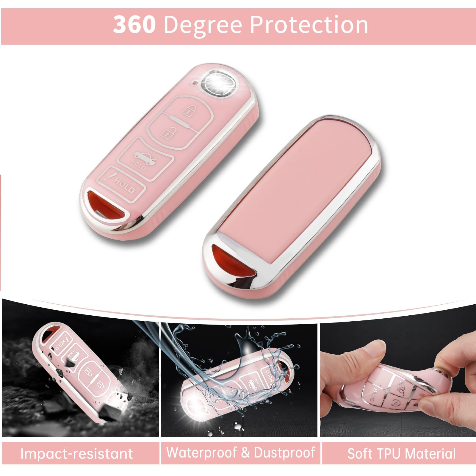 Pangpai Pink Car Accessories 3 Pcs For Mazda 3 6 8 Miata Mx-5 Cx-3 Cx-5 Cx-7 Cx-9 Key Fob Cover With Bling Keychain Cute Push To