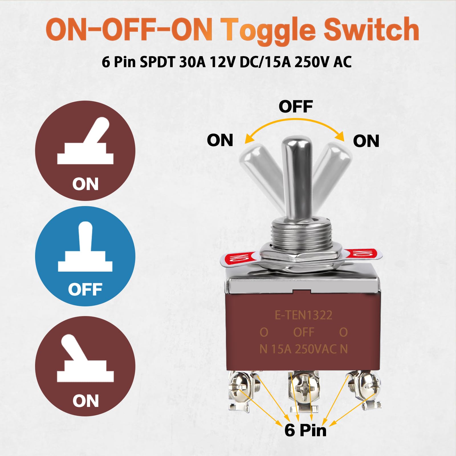 5Pack Toggle Switch, 6 Pin On-Off-On 12V Dc 30A/250V Ac 15A Dpdt Marine Waterproof Toggle Switch With Boot Cap Cover, Switch For