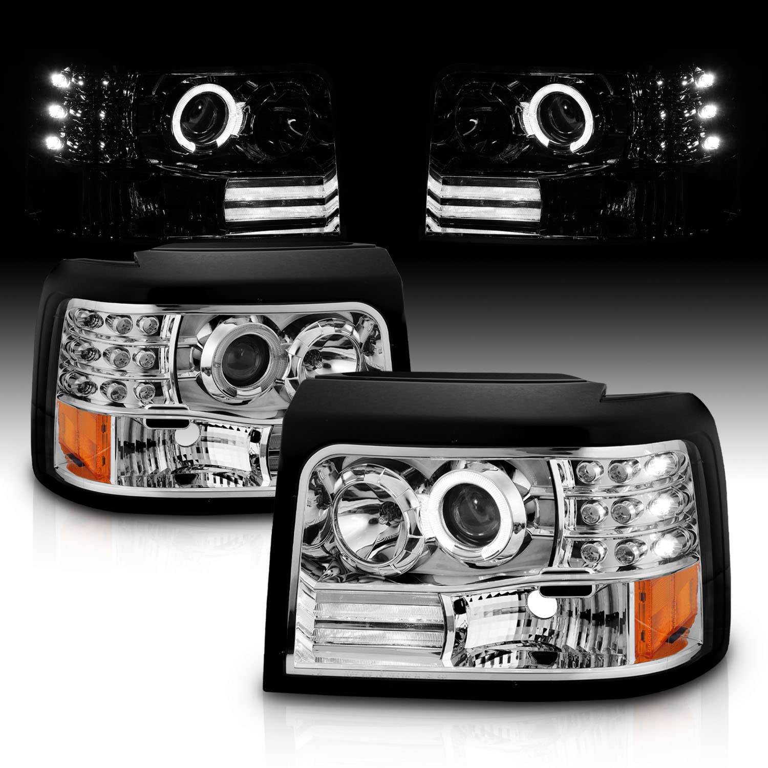 Amerilite Chrome Projector Halogen Car Headlights Halo For Ford F-150/F-250/Bronco - Passenger And Driver Side, Vehicle Light As