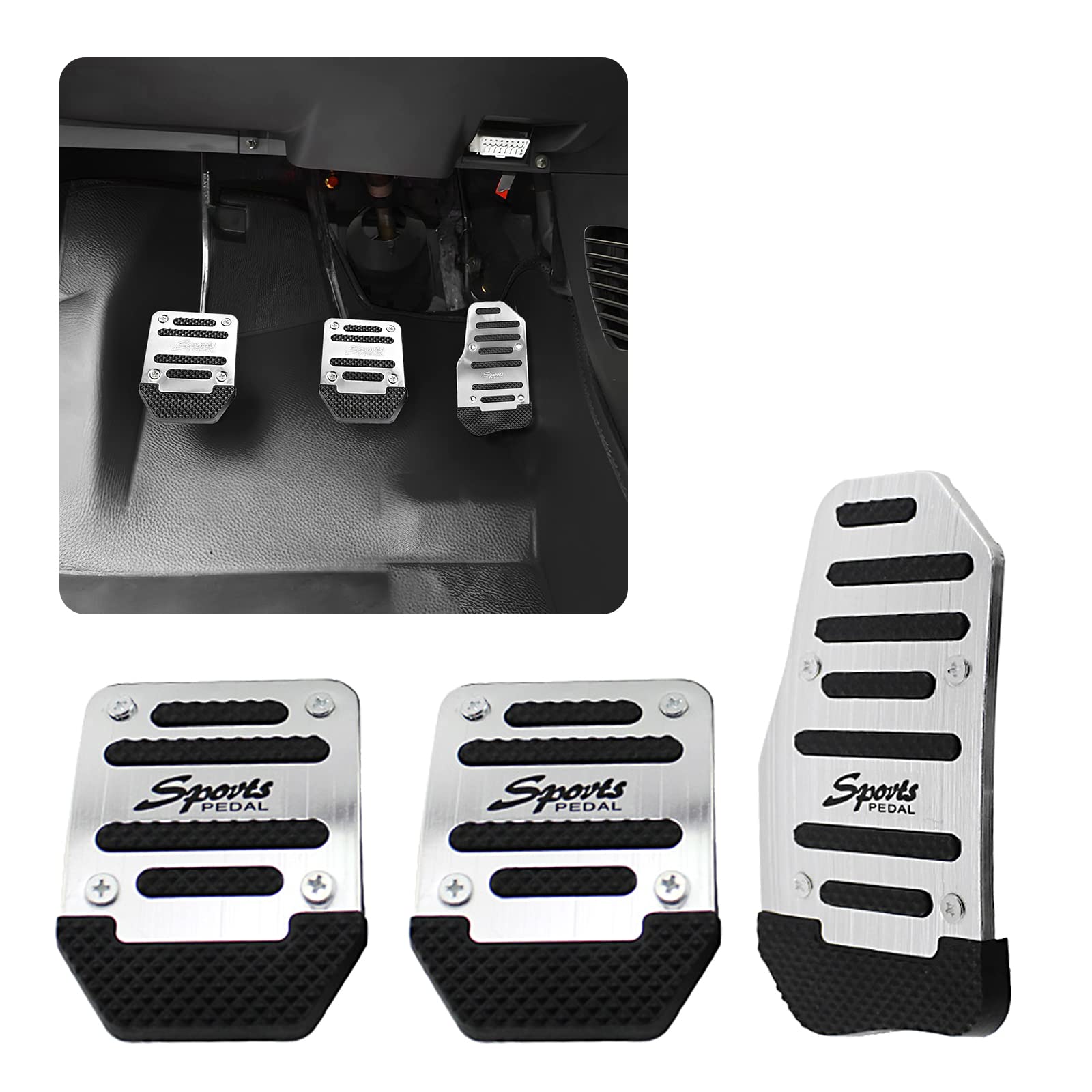 Jeseny 3 Pcs Car Non-Slip Aluminum Alloy Pedal Pads, Manual/Automatic Gearbox Gas Pedal Brake Pedal Cover, Anti-Rubbing Car Clutch Pedal Kits, Auto Universal Replacement Accessories (Silver)