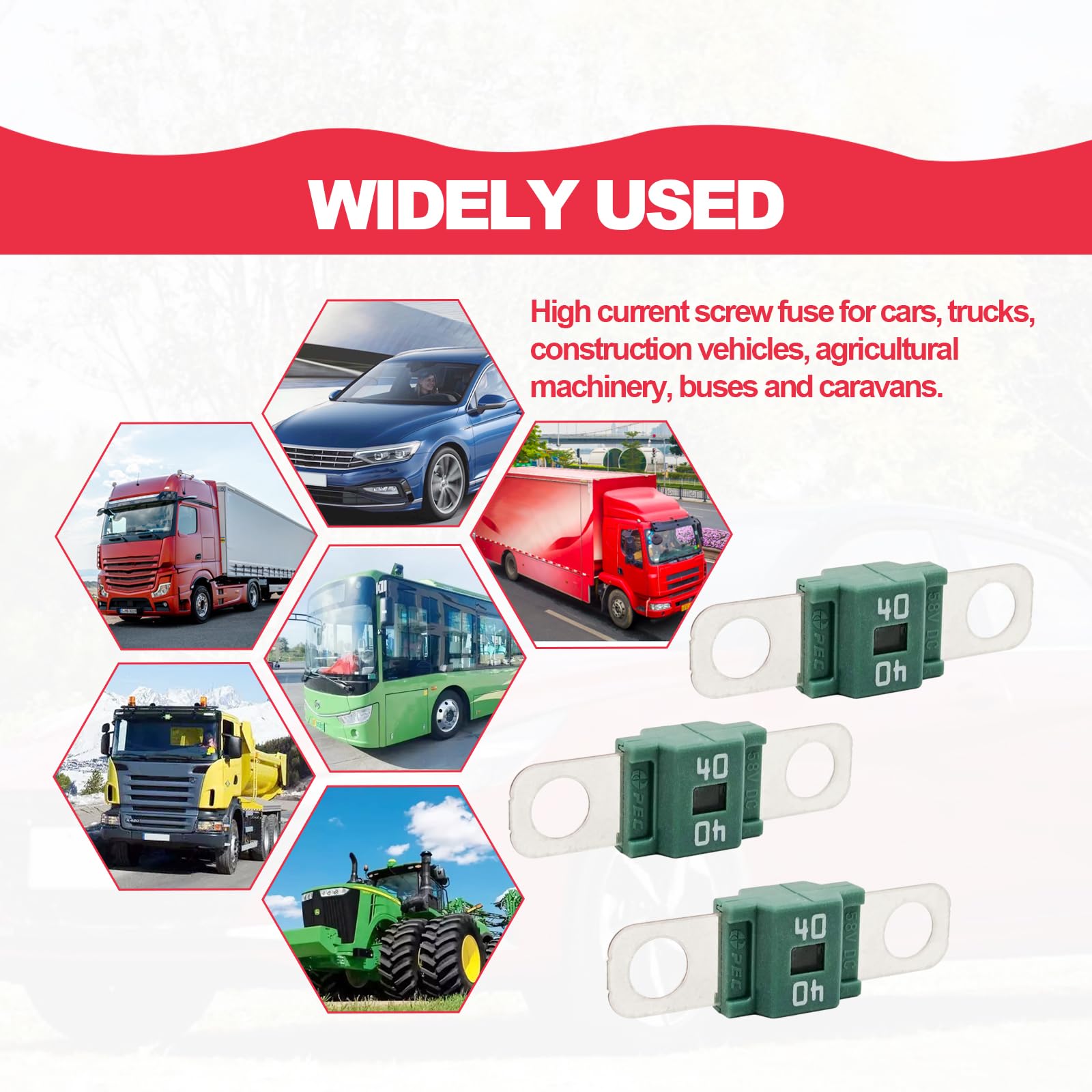 Pack of 3 AMI/Midi Fuse 40 Amp High Current Fuse Bolt-on Fuse, commonly Used in Cars, Trucks, Construction Vehicles, Agricultura