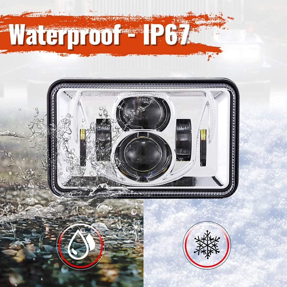 BICYACO 1 Pair 4x6 Inch LED Headlights 60W High Low Beam H4651 H4652 H4656 H4666 H6545 Projector Lens for Peterbil Kenworth Freightinger Ford 1985-1997 S10 Probe Oldsmobile Cutlass- Chrome