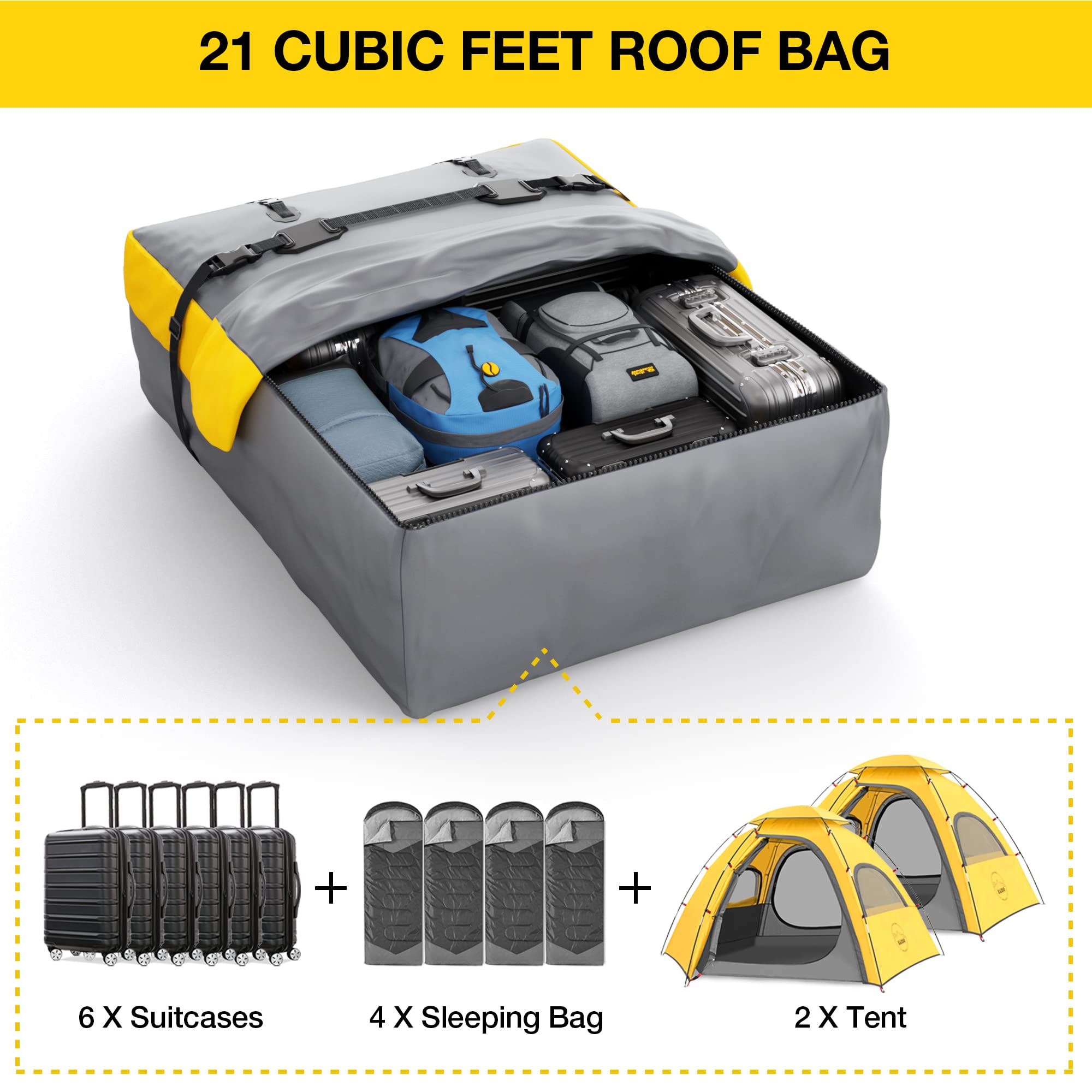 Car Roof Bag Rooftop Cargo Carrier, 21 Cubic Feet Waterproof Roof Luggage Cargo Carrier Bag With Anti-Slip Mat For All Cars Vehicles Suv With/Without Rack (With 2Pcs 4M Ratchet Straps)…